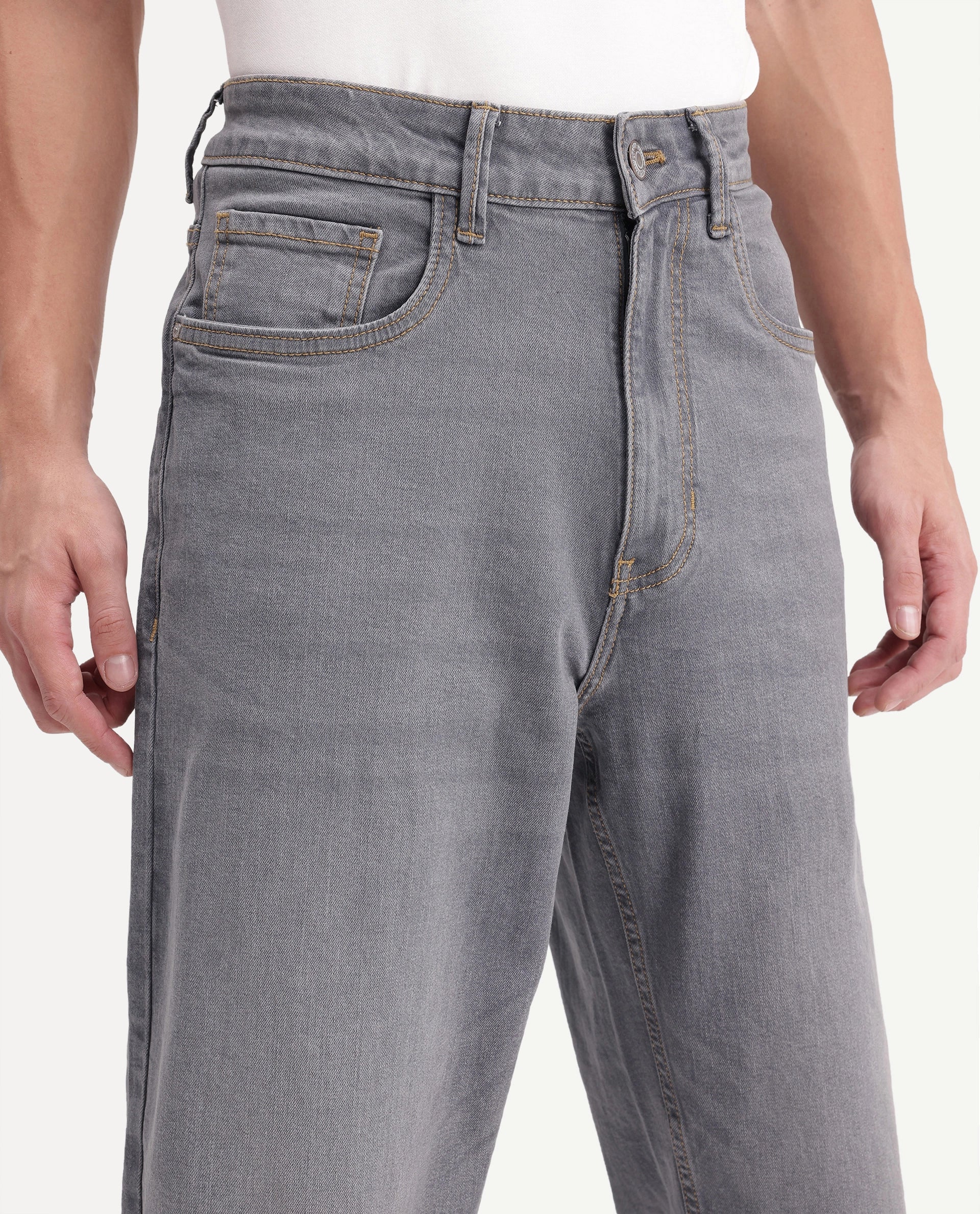 Rare Rabbit Men's Grem 1 Light Grey Cotton Blend Relaxed Plain Jeans