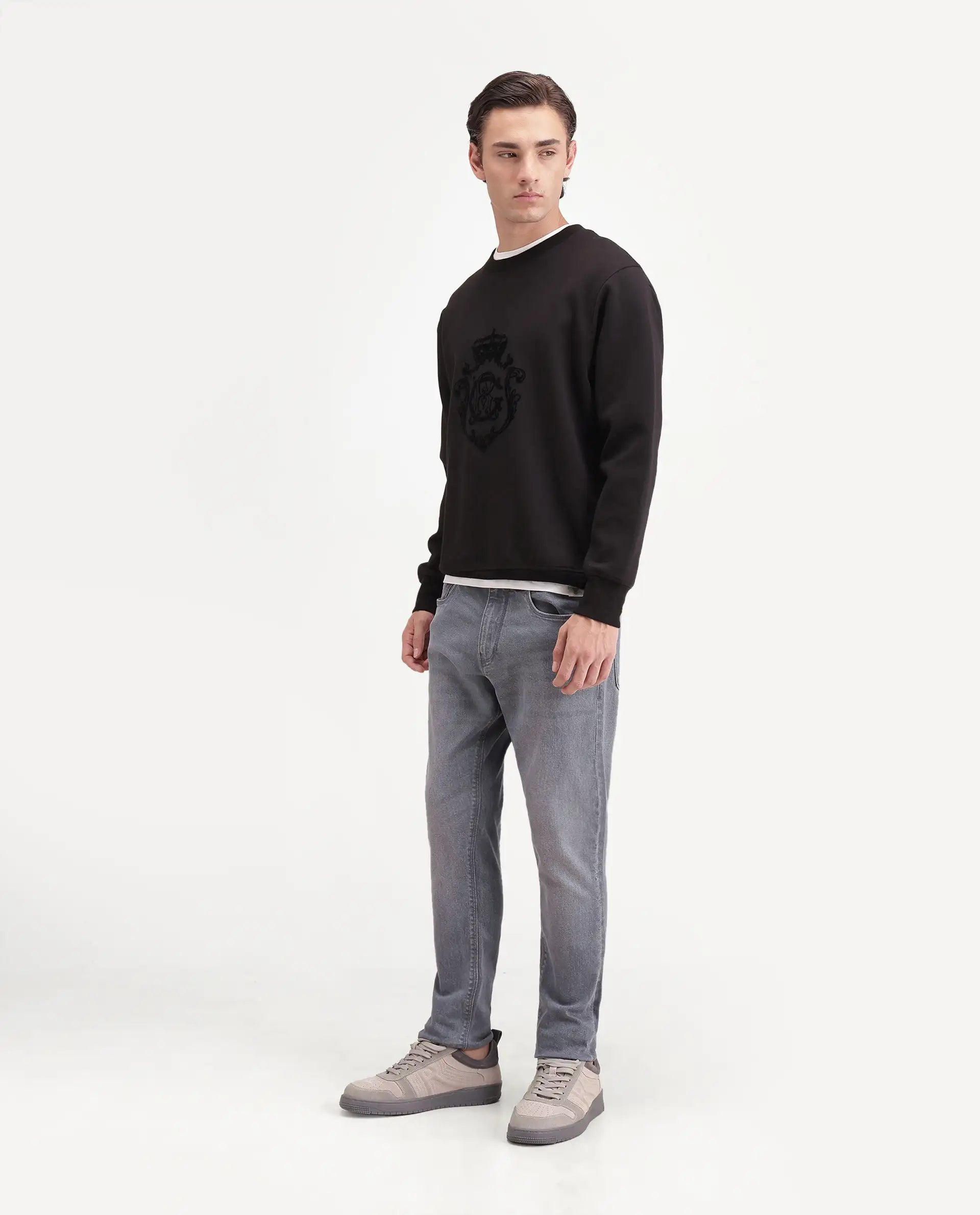 Rare Rabbit Men's Grem Light Grey Cotton Blend Hawk Slim Plain Jeans