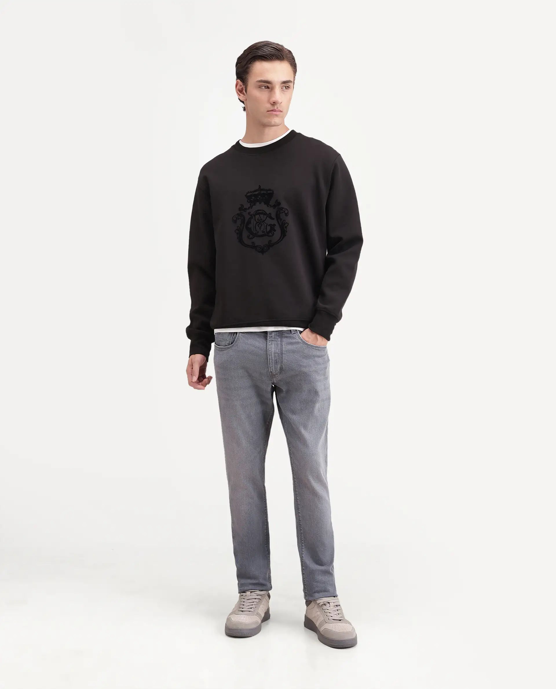 Rare Rabbit Men's Grem Light Grey Cotton Blend Hawk Slim Plain Jeans