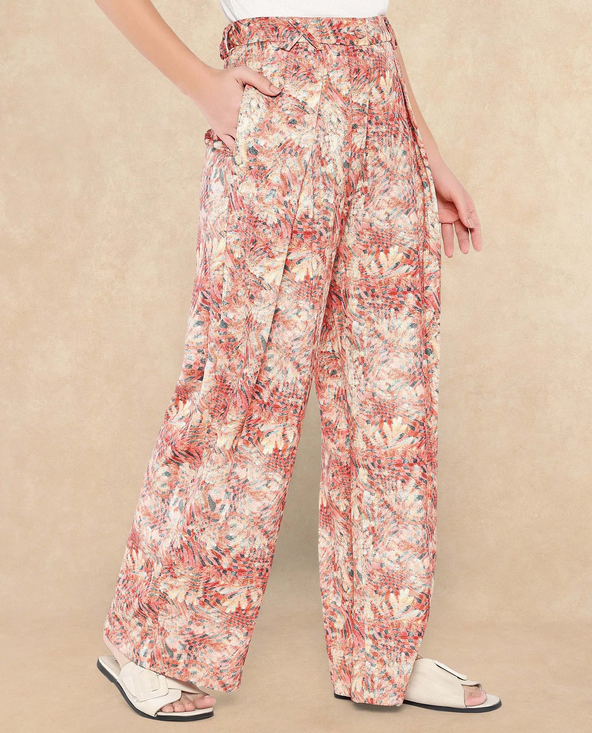 Rareism Women Gretay Multi Poly Viscose Fabric Button Closure Wide Fit Ankle Length Geometric Print Trouser