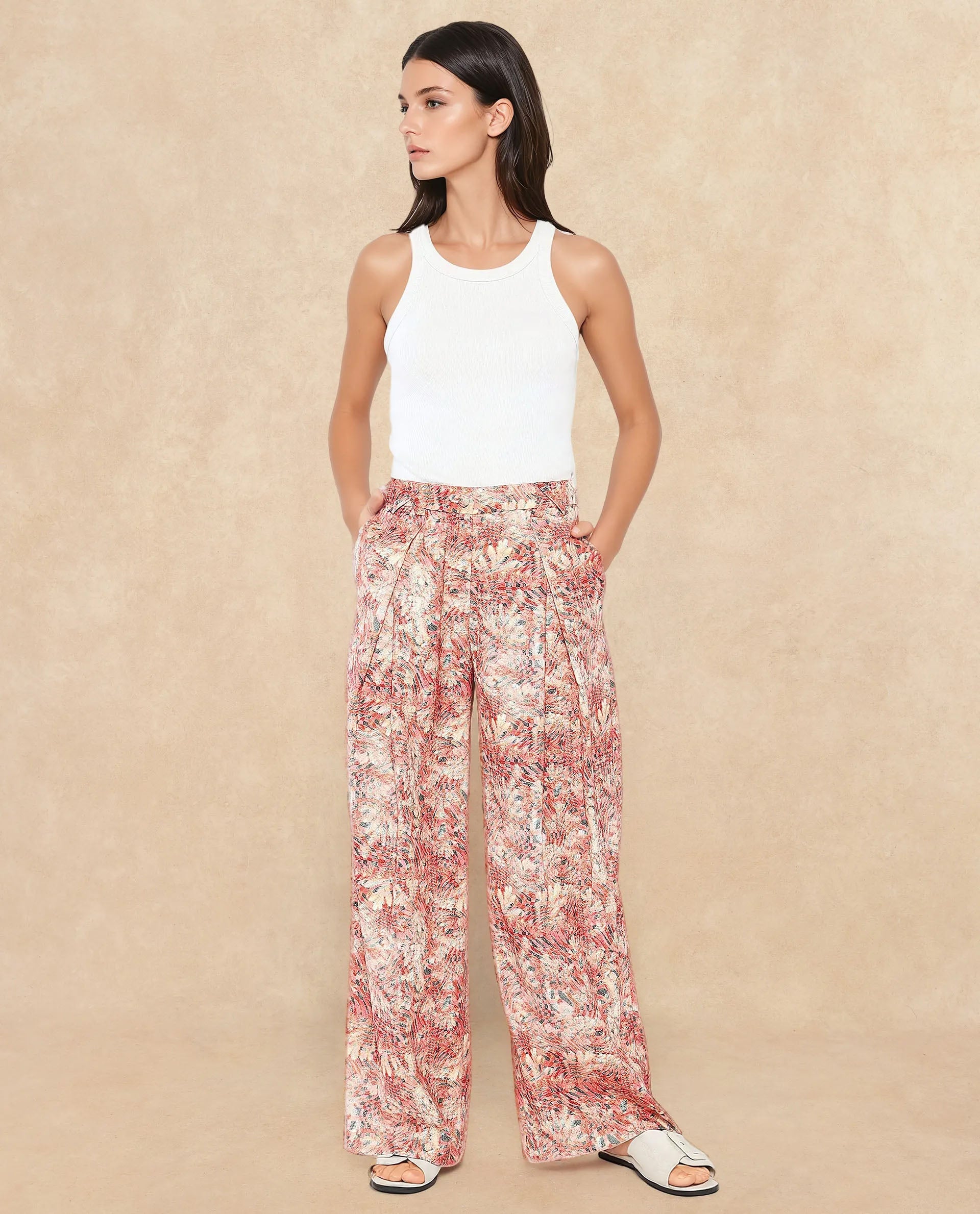 Rareism Women Gretay Multi Poly Viscose Fabric Button Closure Wide Fit Ankle Length Geometric Print Trouser