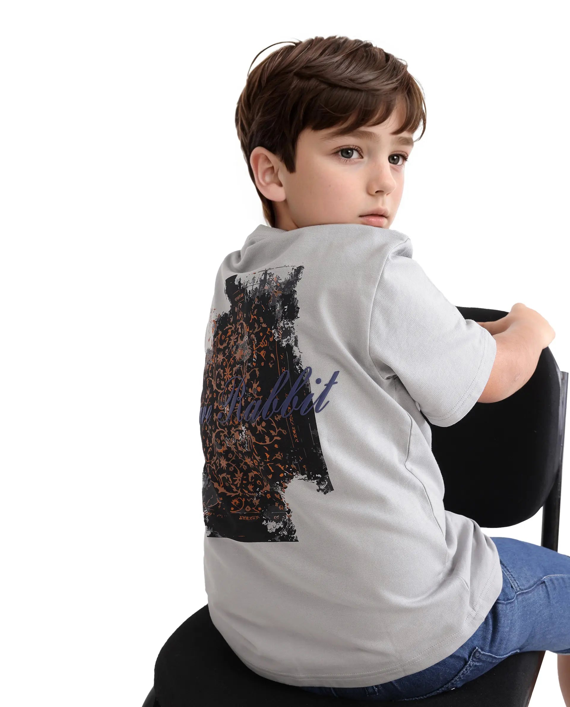 Rare Ones Kids Rugy-K Grey Cotton Half Sleeve Crew Neck Printed Boxy T-Shirt