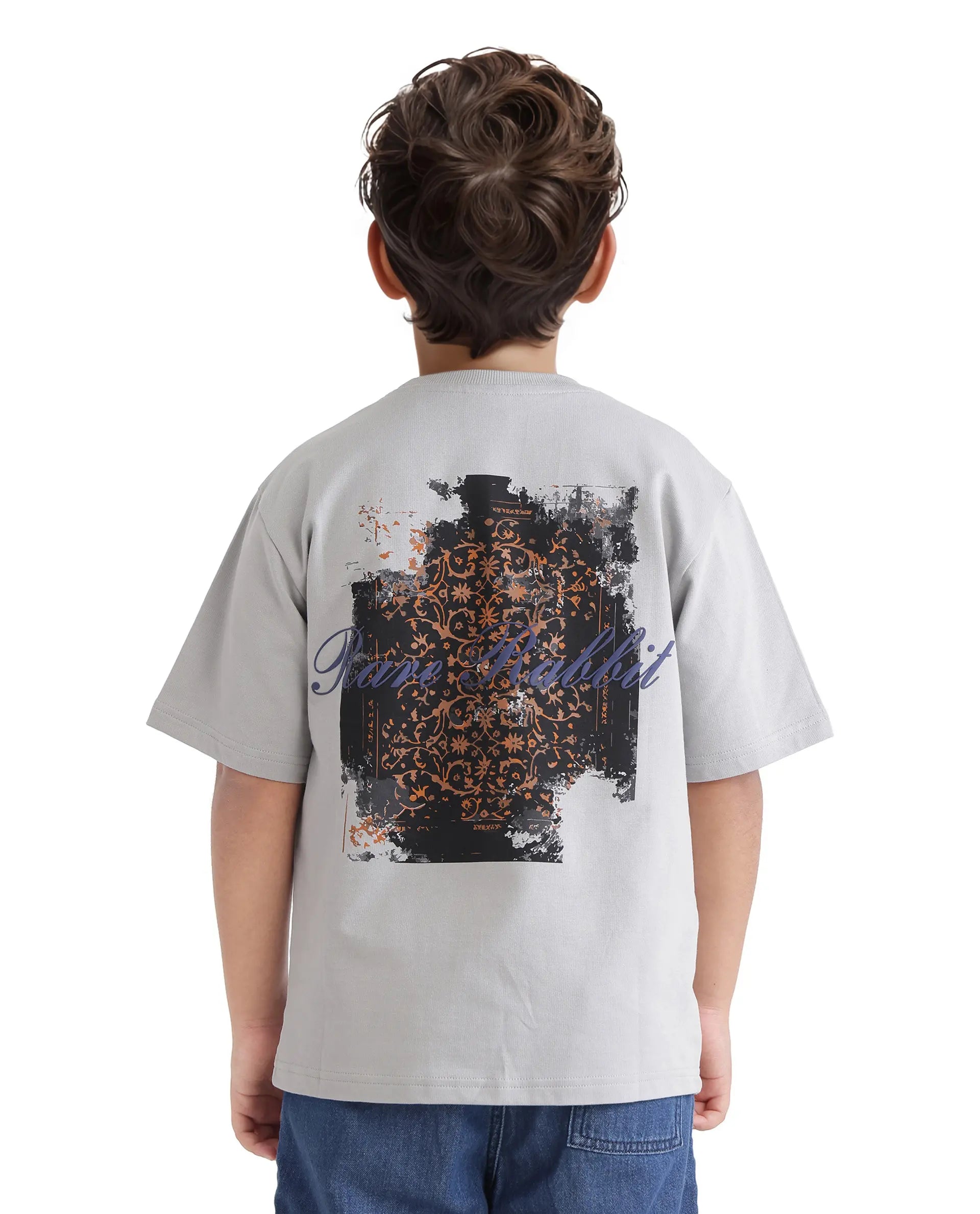 Rare Ones Kids Rugy-K Grey Cotton Half Sleeve Crew Neck Printed Boxy T-Shirt