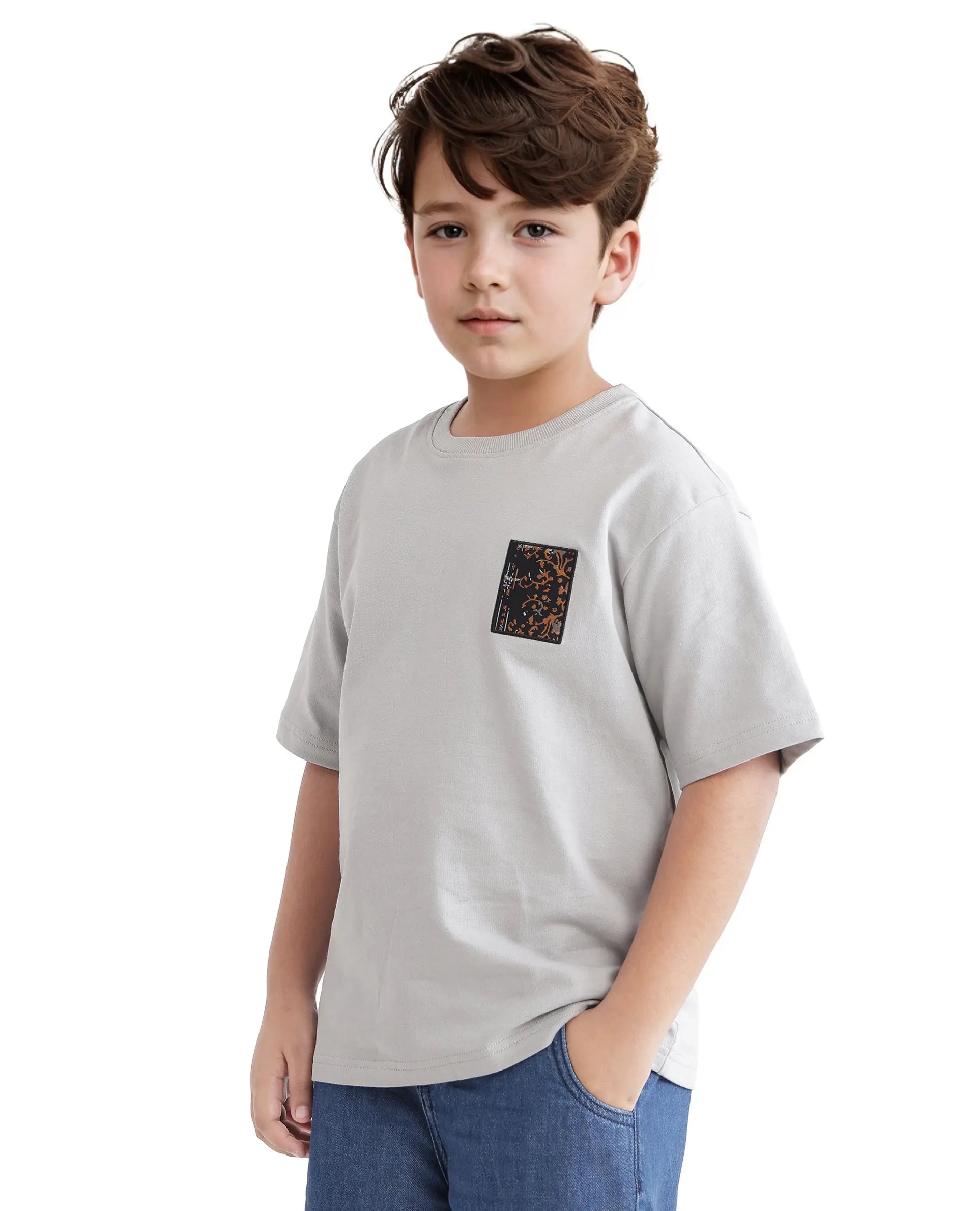 Rare Ones Kids Rugy-K Grey Cotton Half Sleeve Crew Neck Printed Boxy T-Shirt