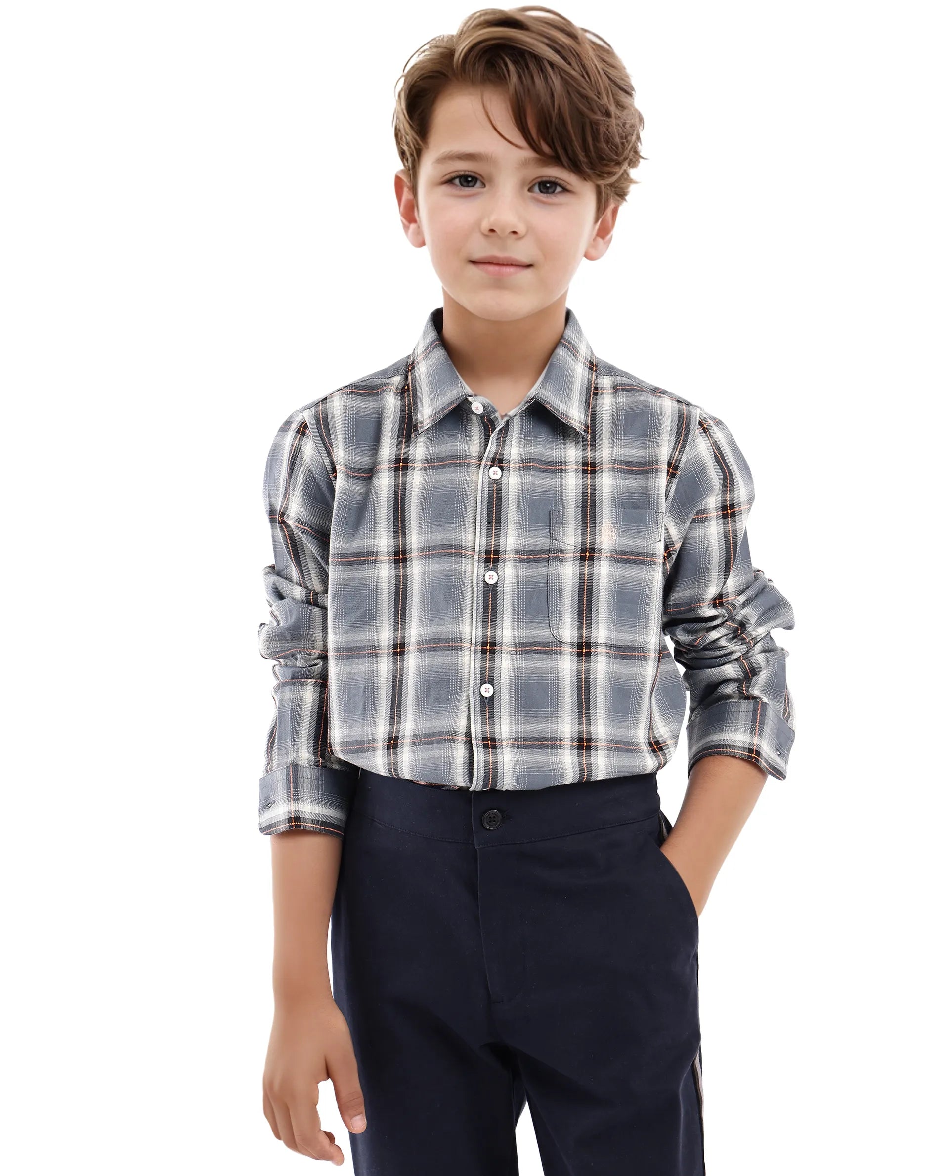 Rare Ones Kids Alfro Grey Cotton Full Sleeves Regular Collar Checked Shirt