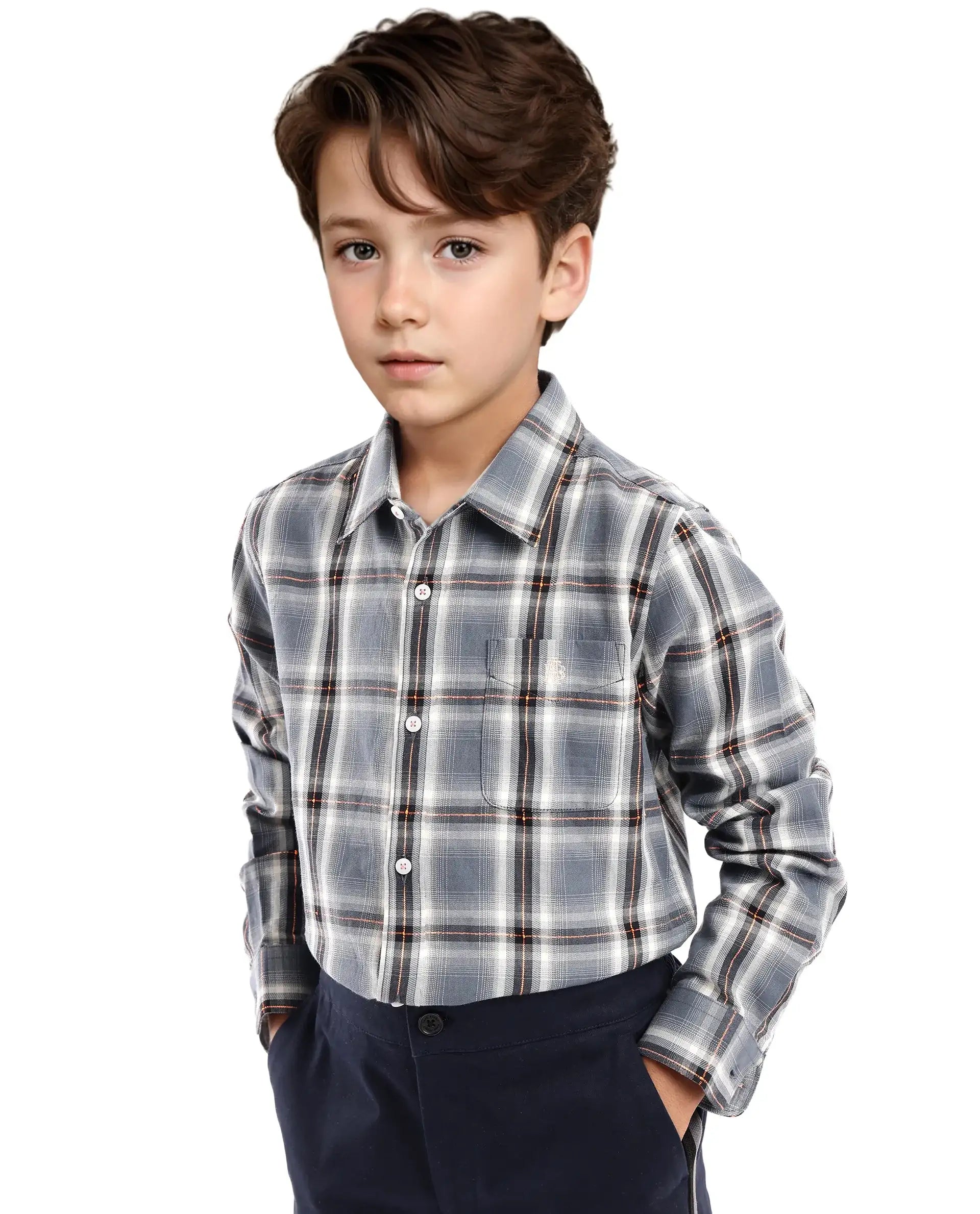 Rare Ones Kids Alfro Grey Cotton Full Sleeves Regular Collar Checked Shirt