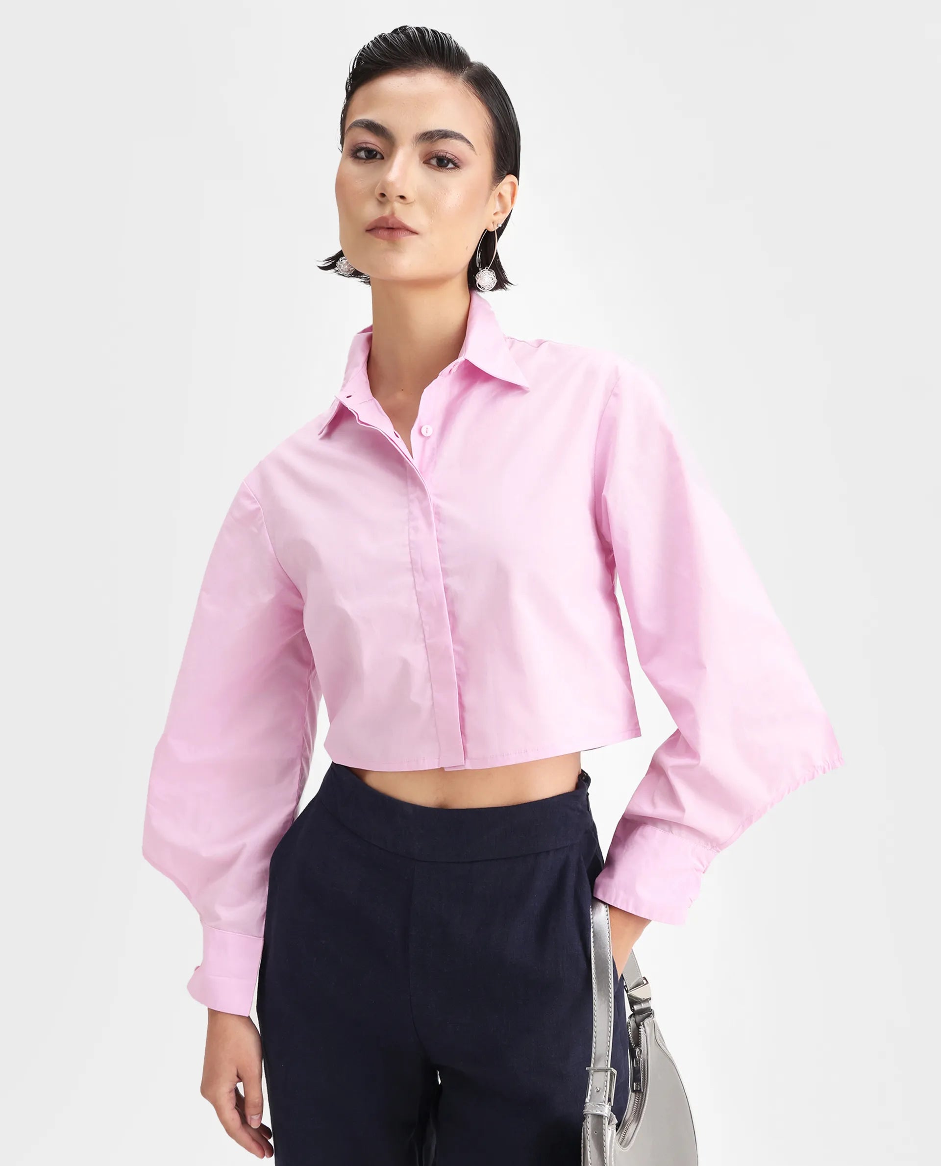 Rareism Women's Grieropo Pink Cotton Spread Collar Plain Fashion Sleeve Crop Regular Fit Top