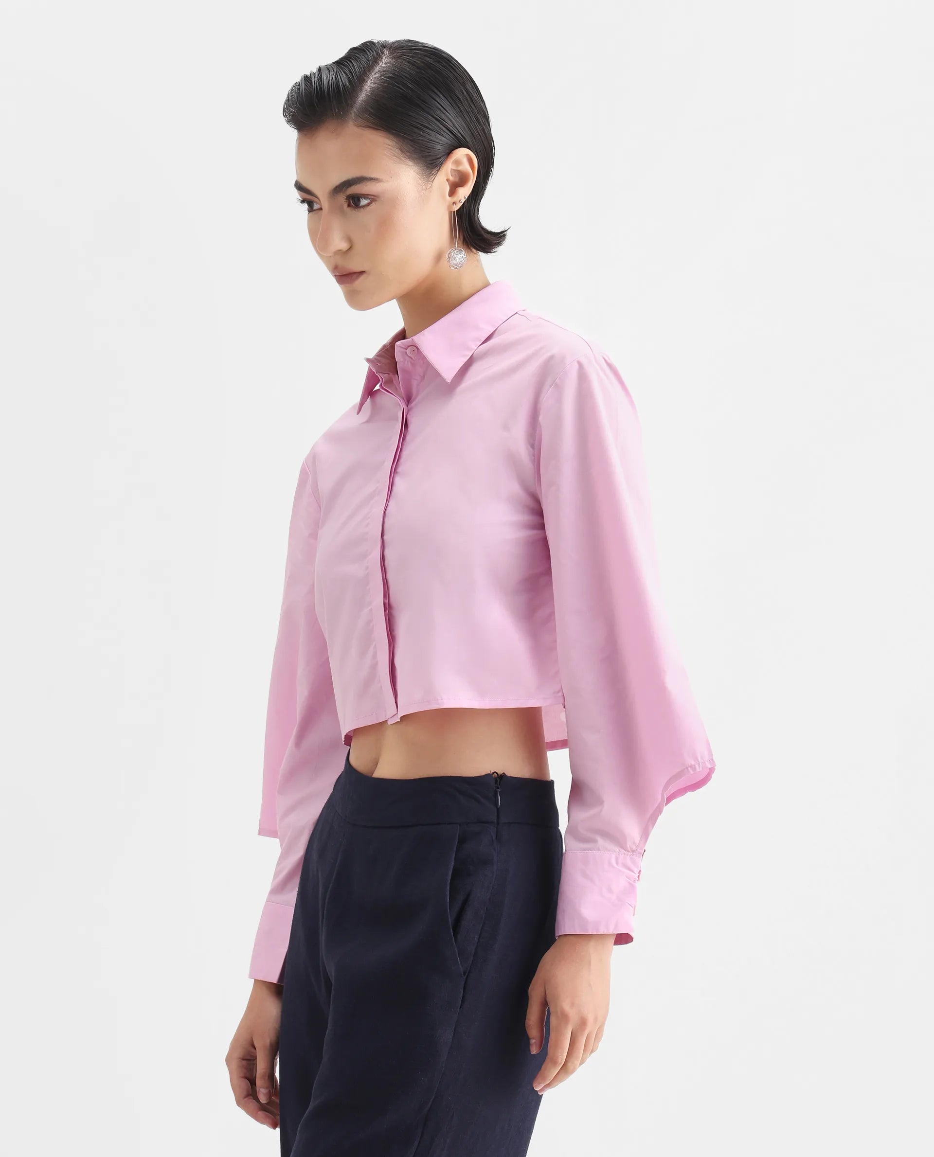 Rareism Women's Grieropo Pink Cotton Spread Collar Plain Fashion Sleeve Crop Regular Fit Top