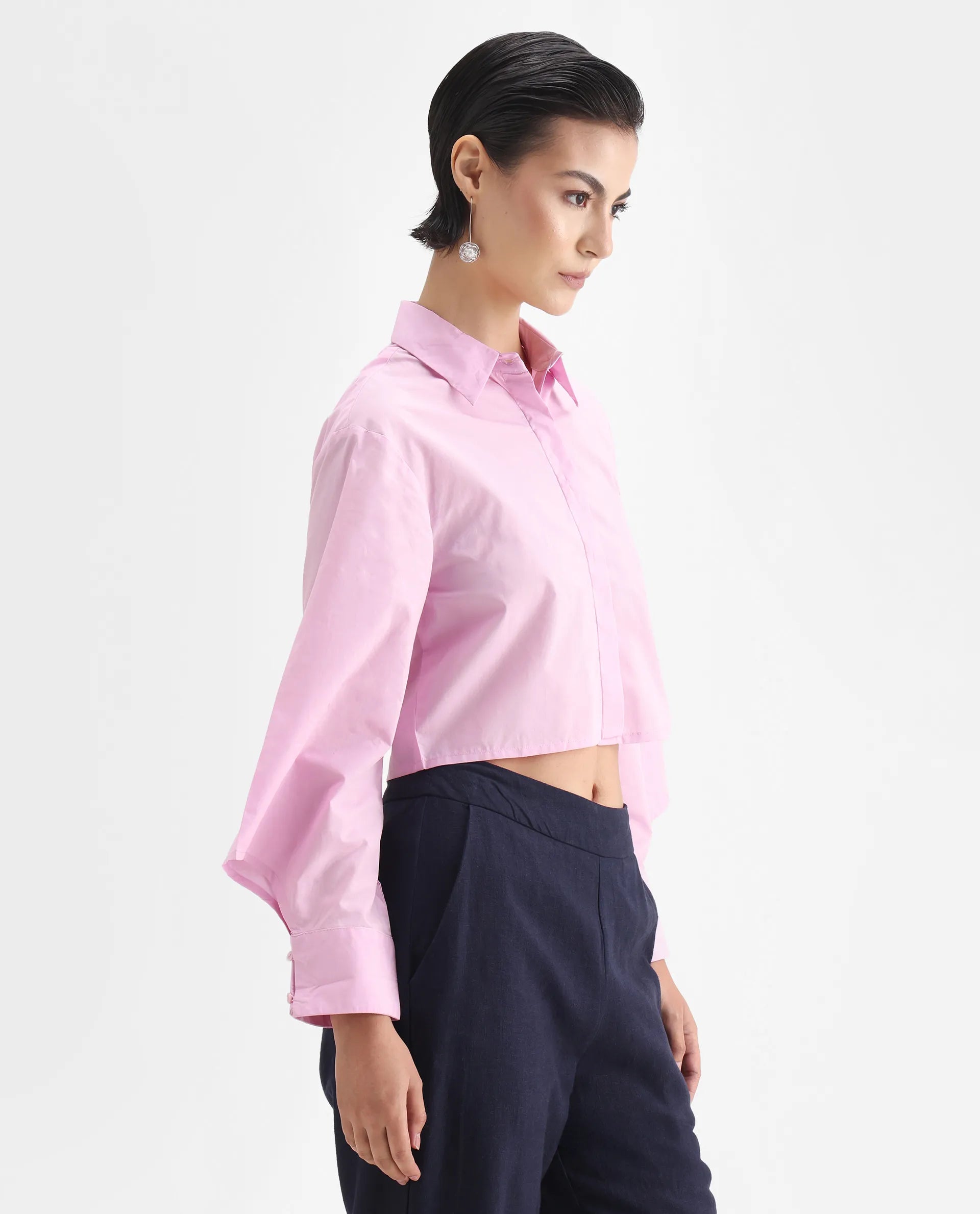Rareism Women's Grieropo Pink Cotton Spread Collar Plain Fashion Sleeve Crop Regular Fit Top