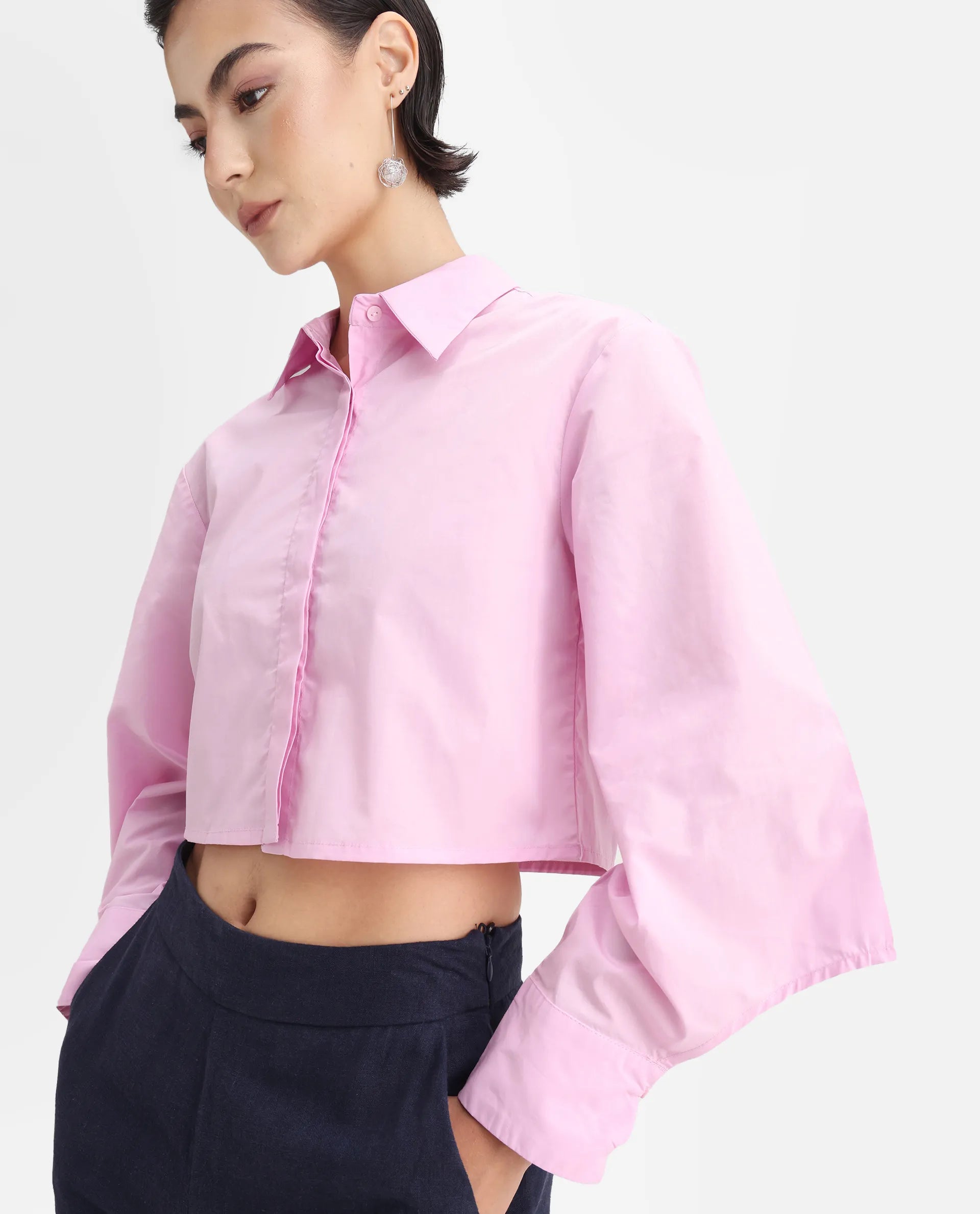 Rareism Women's Grieropo Pink Cotton Spread Collar Plain Fashion Sleeve Crop Regular Fit Top