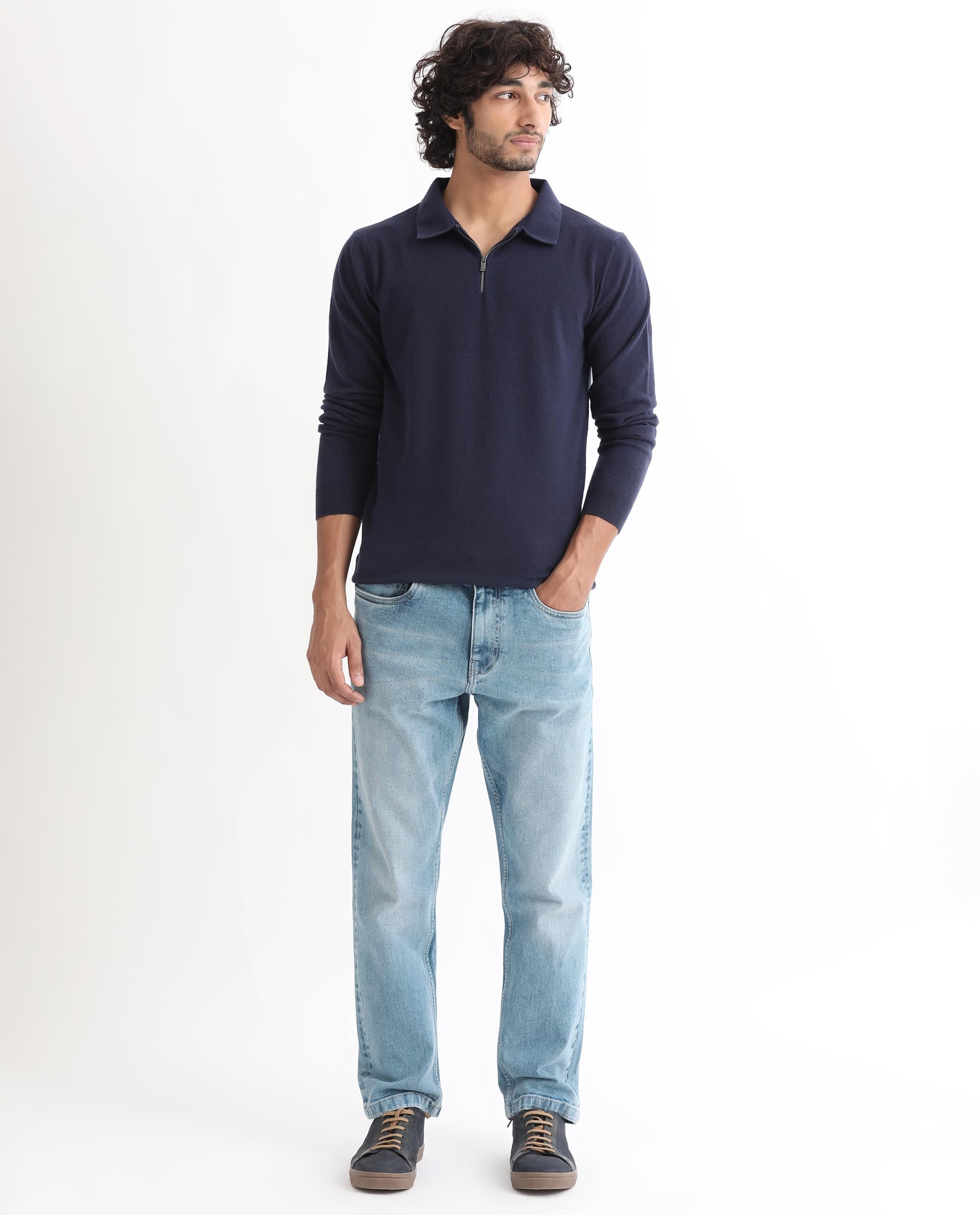 Rare Rabbit Mens Griffin Navy Sweater Viscose Nylon Polyester Fabric Collared Neck Knitted Full Sleeves Zipper Closure Regular Fit