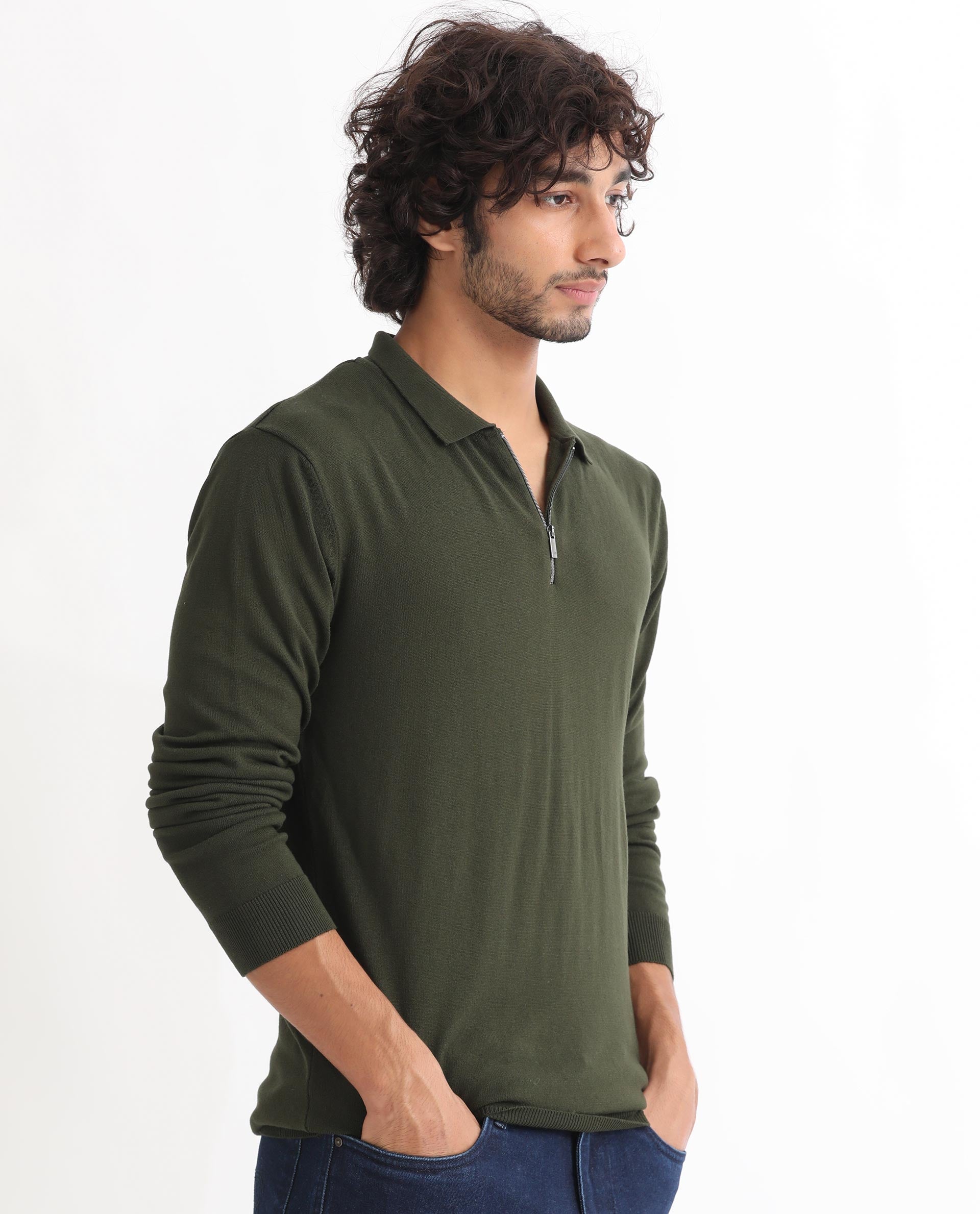 Rare Rabbit Mens Griffin Olive Sweater Viscose Nylon Polyester Fabric Collared Neck Knitted Full Sleeves Zipper Closure Regular Fit