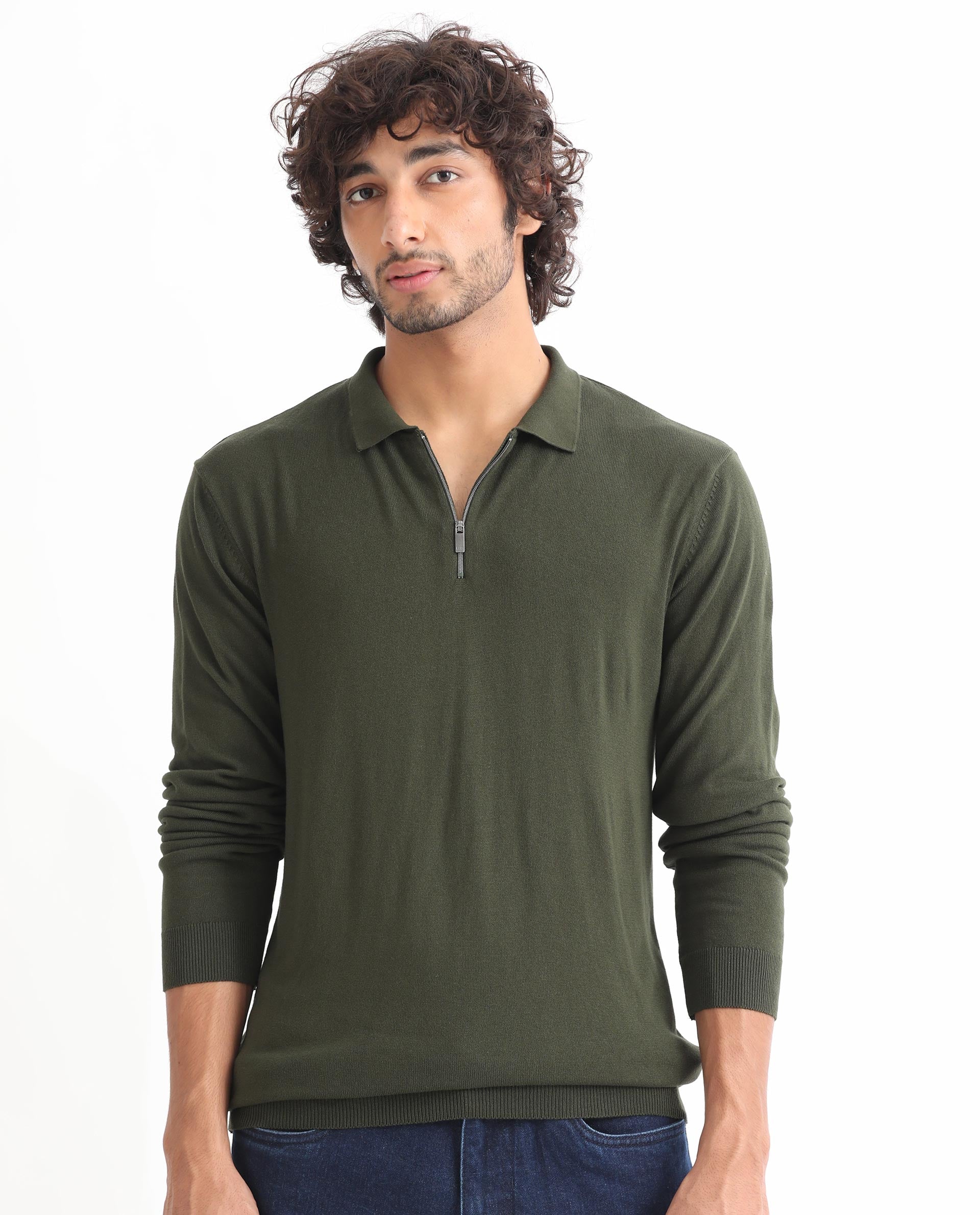 Rare Rabbit Mens Griffin Olive Sweater Viscose Nylon Polyester Fabric Collared Neck Knitted Full Sleeves Zipper Closure Regular Fit