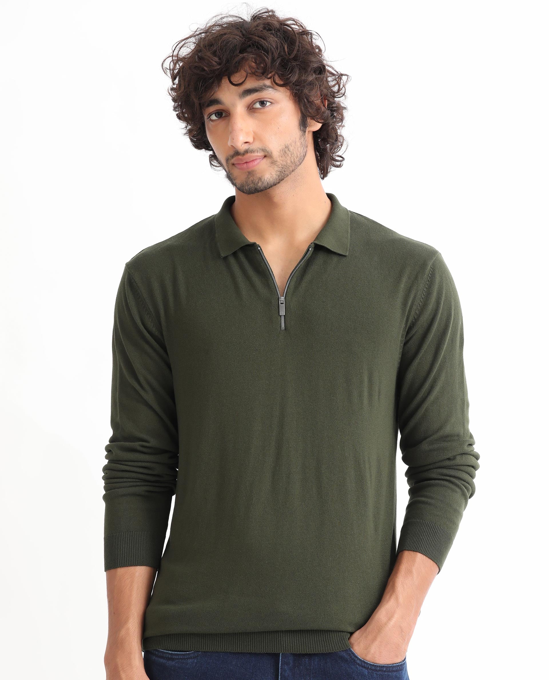 Rare Rabbit Mens Griffin Olive Sweater Viscose Nylon Polyester Fabric Collared Neck Knitted Full Sleeves Zipper Closure Regular Fit