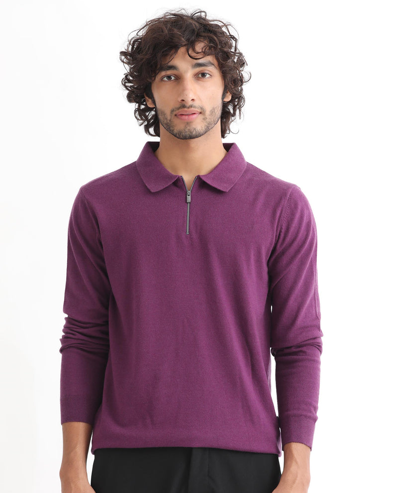 RARE RABBIT MENS GRIFFIN PURPLE SWEATER VISCOSE NYLON POLYESTER FABRIC COLLARED NECK KNITTED FULL SLEEVES ZIPPER CLOSURE REGULAR FIT