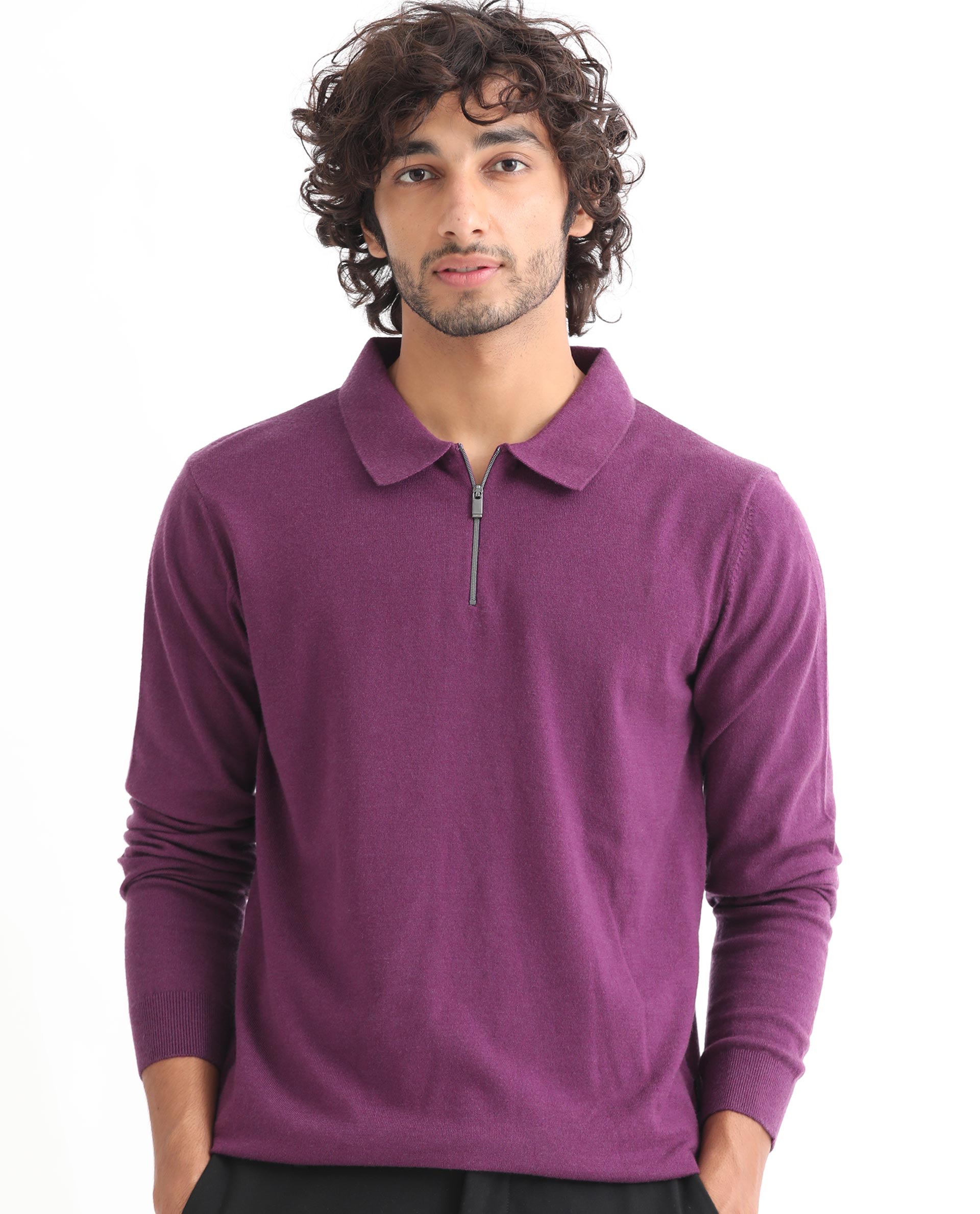 Rare Rabbit Men's Griffin Purple Viscose Plain Regular Fit Full Sleeve Spread Collar Sweater