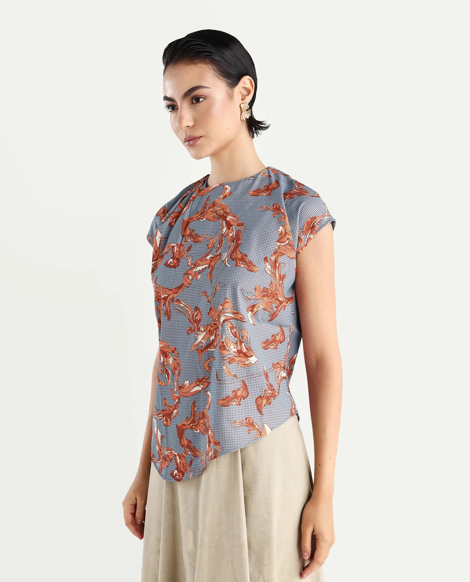 Rareism Women's Grillo Grey Polyester Asymmetric Neck Abstract Print Sleeveless Regular Fit Top