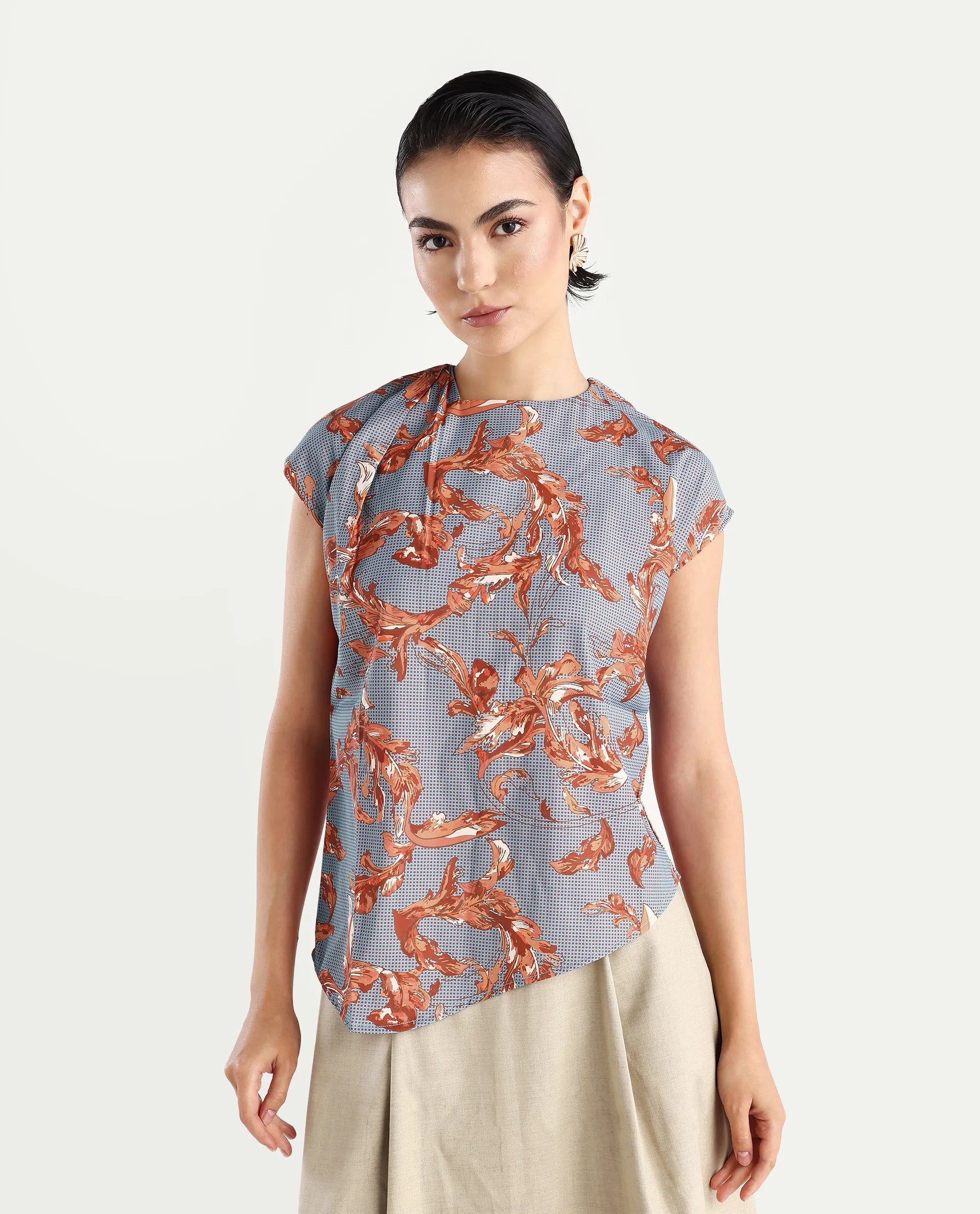 Rareism Women's Grillo Grey Polyester Asymmetric Neck Abstract Print Sleeveless Regular Fit Top