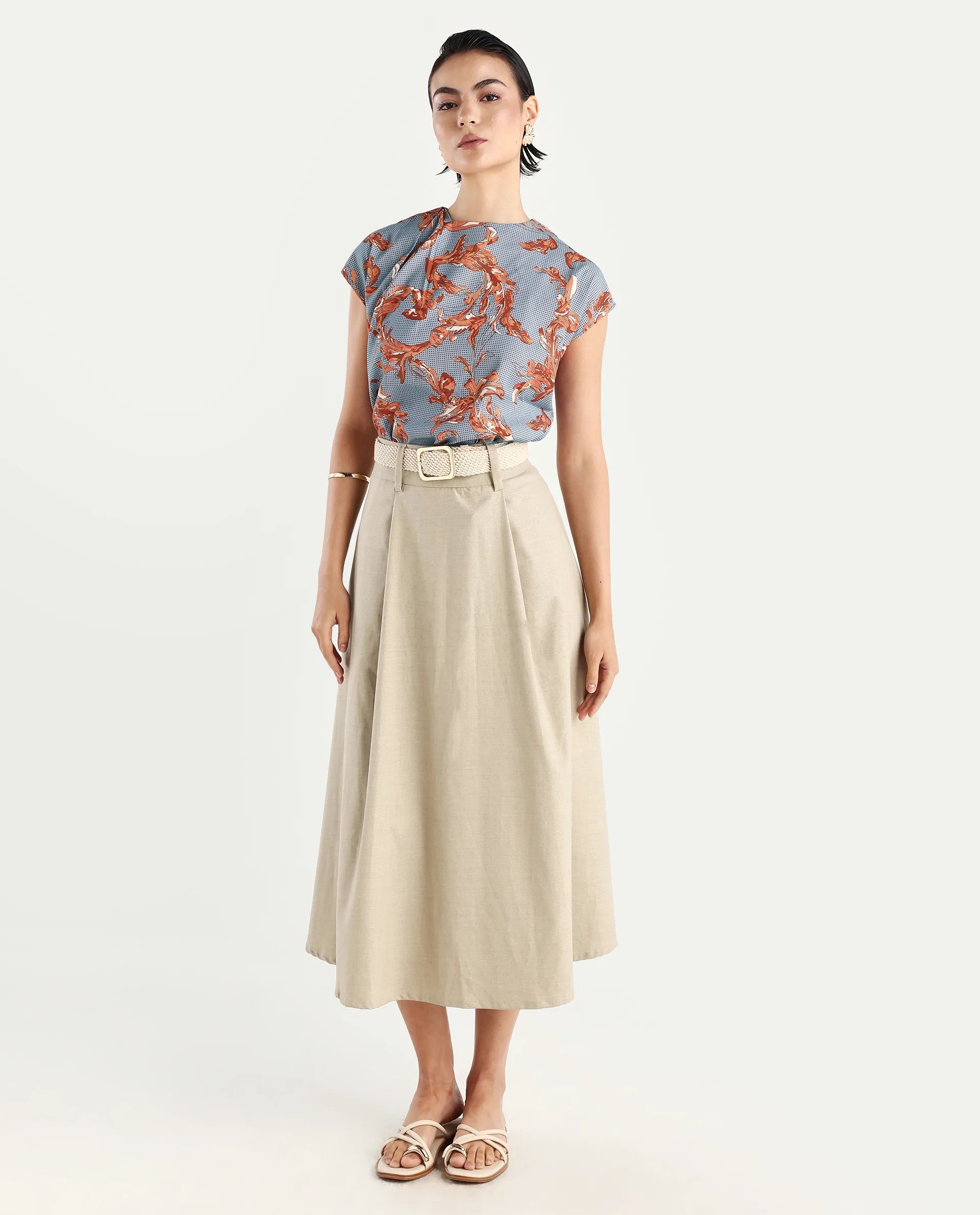 Rareism Women's Grillo Grey Polyester Asymmetric Neck Abstract Print Sleeveless Regular Fit Top