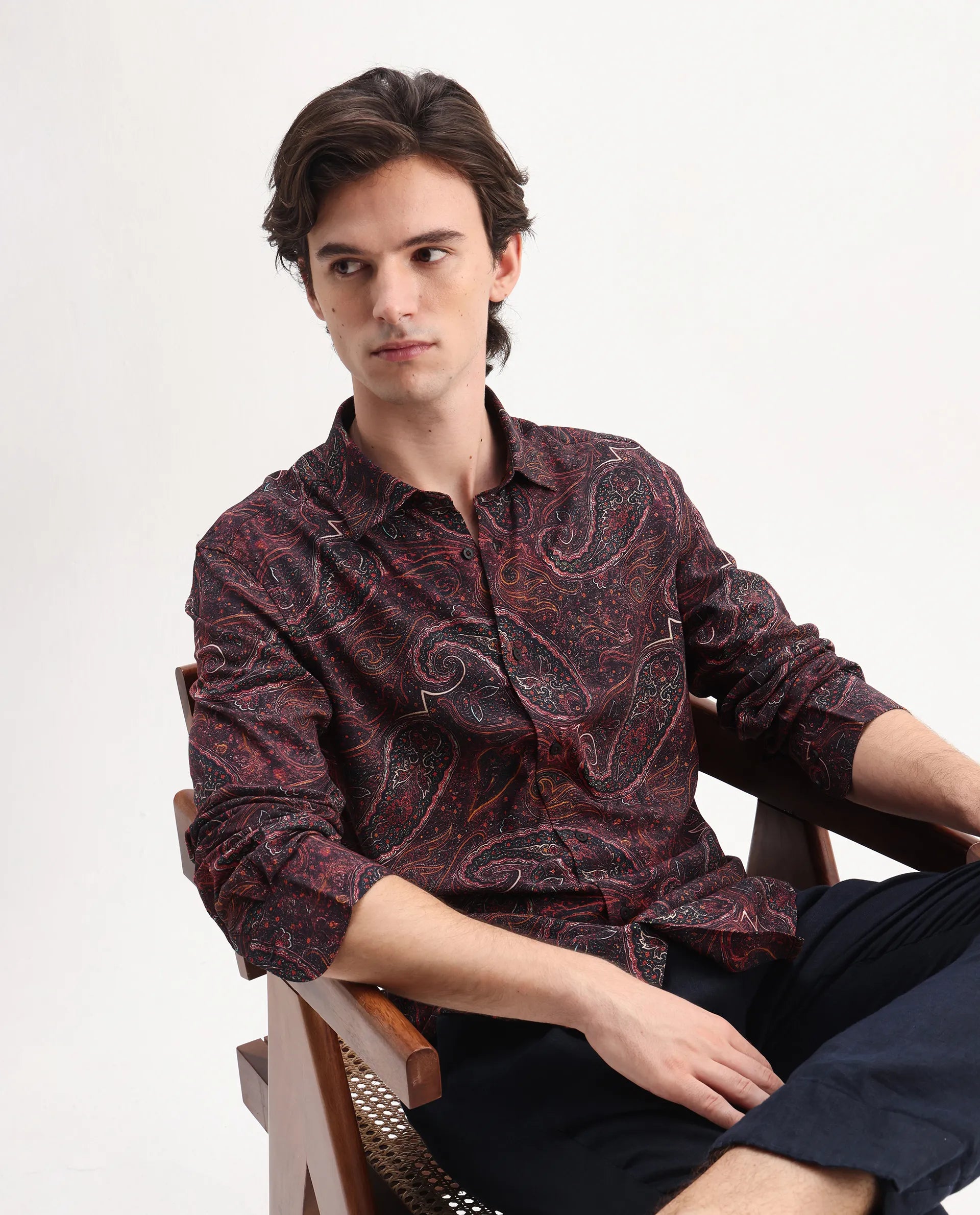 Rare Rabbit Men's Grilo Dusky Rust Viscose Paisley Print Regular Fit Full Sleeve Collared Shirt