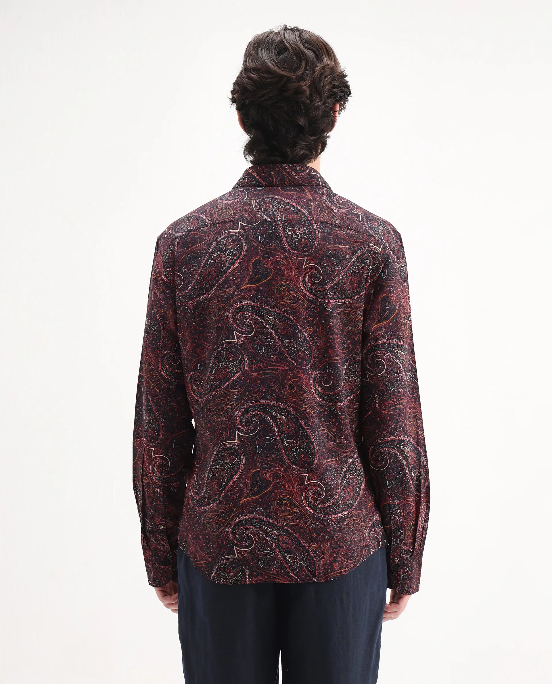 Rare Rabbit Men's Grilo Dusky Rust Viscose Paisley Print Regular Fit Full Sleeve Collared Shirt