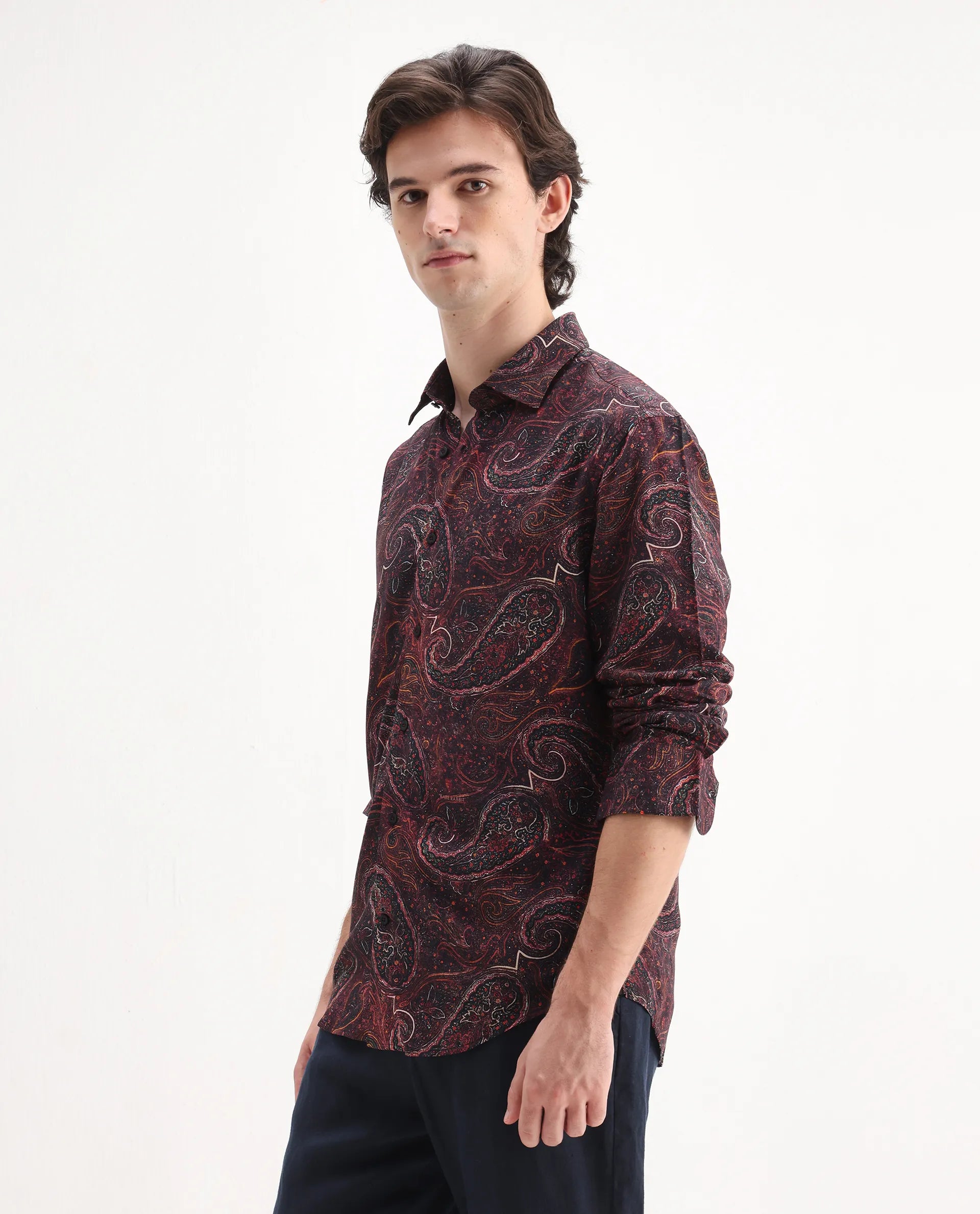 Rare Rabbit Men's Grilo Dusky Rust Viscose Paisley Print Regular Fit Full Sleeve Collared Shirt