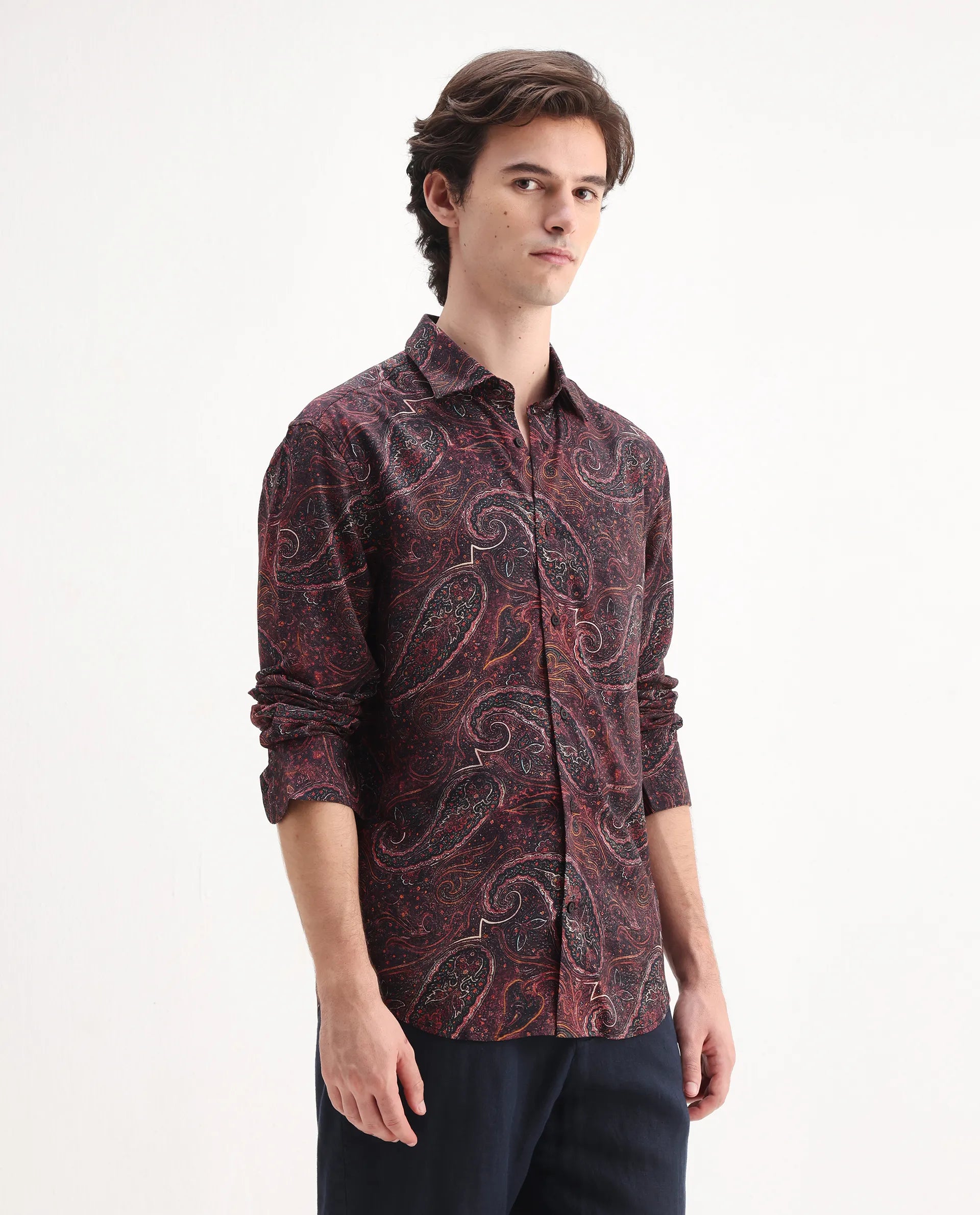 Rare Rabbit Men's Grilo Dusky Rust Viscose Paisley Print Regular Fit Full Sleeve Collared Shirt