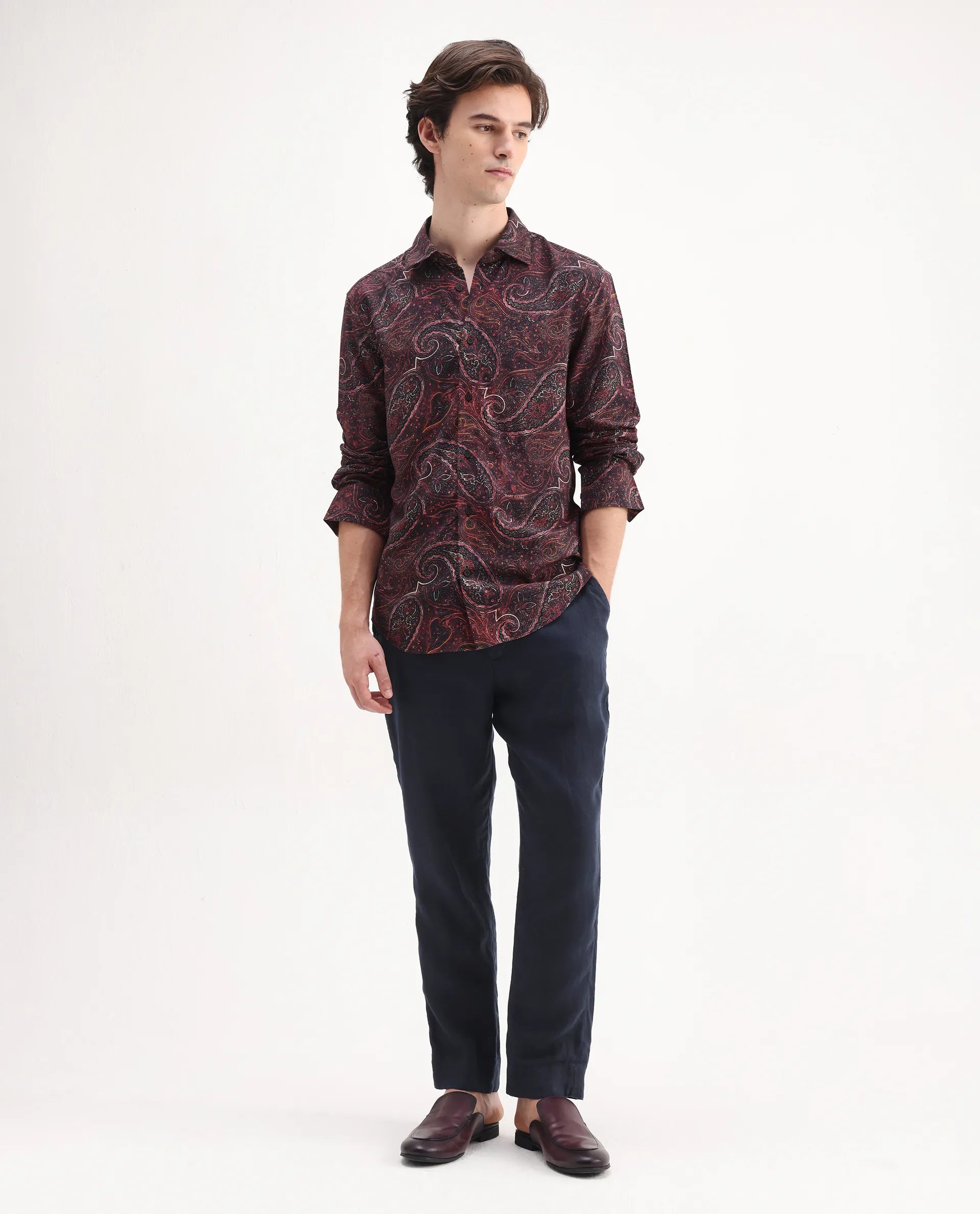 Rare Rabbit Men's Grilo Dusky Rust Viscose Paisley Print Regular Fit Full Sleeve Collared Shirt