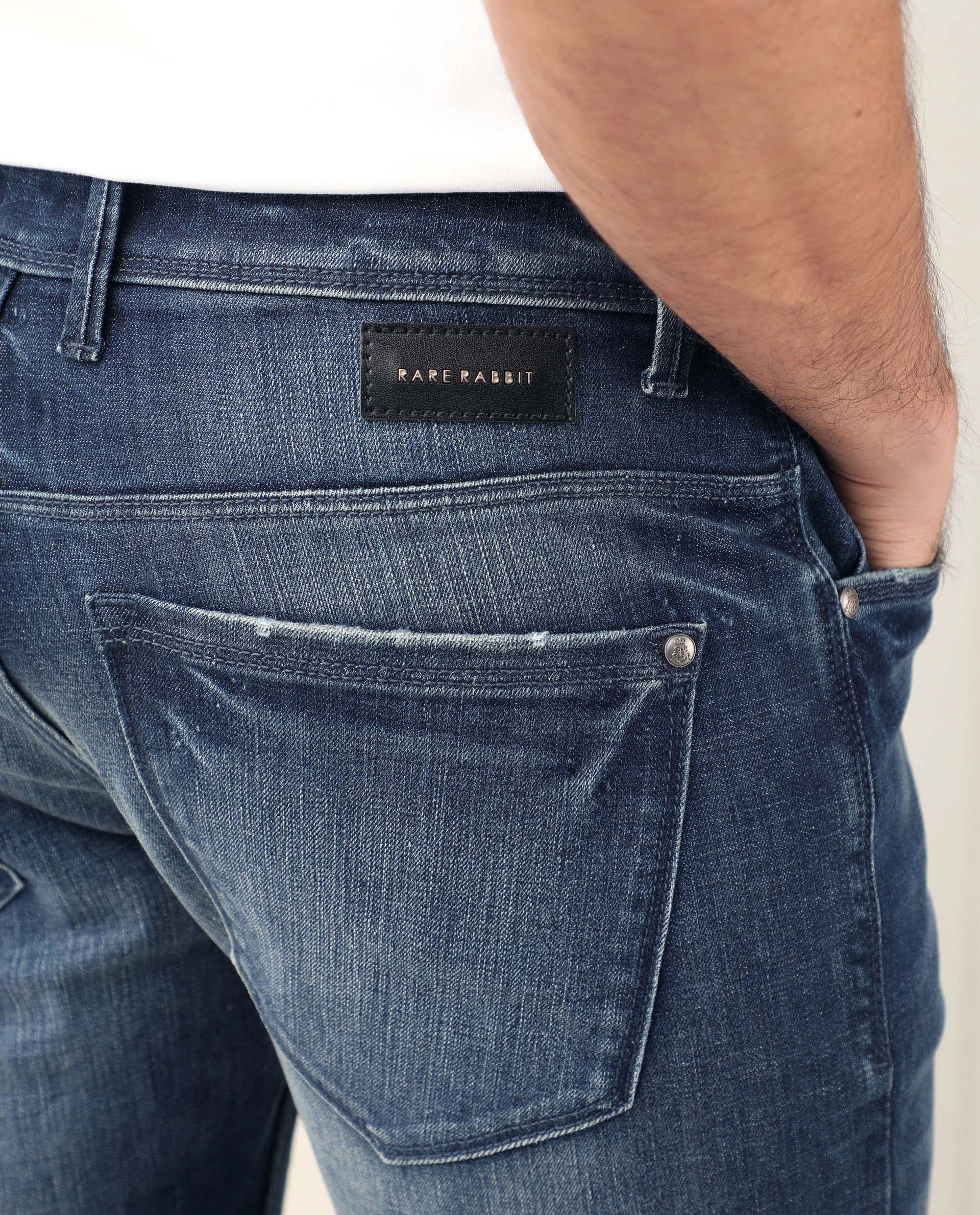 Rare Rabbit Men's Grimm Blue Mid Wash Mid-Rise Mild Distressed Slim Fit Jeans