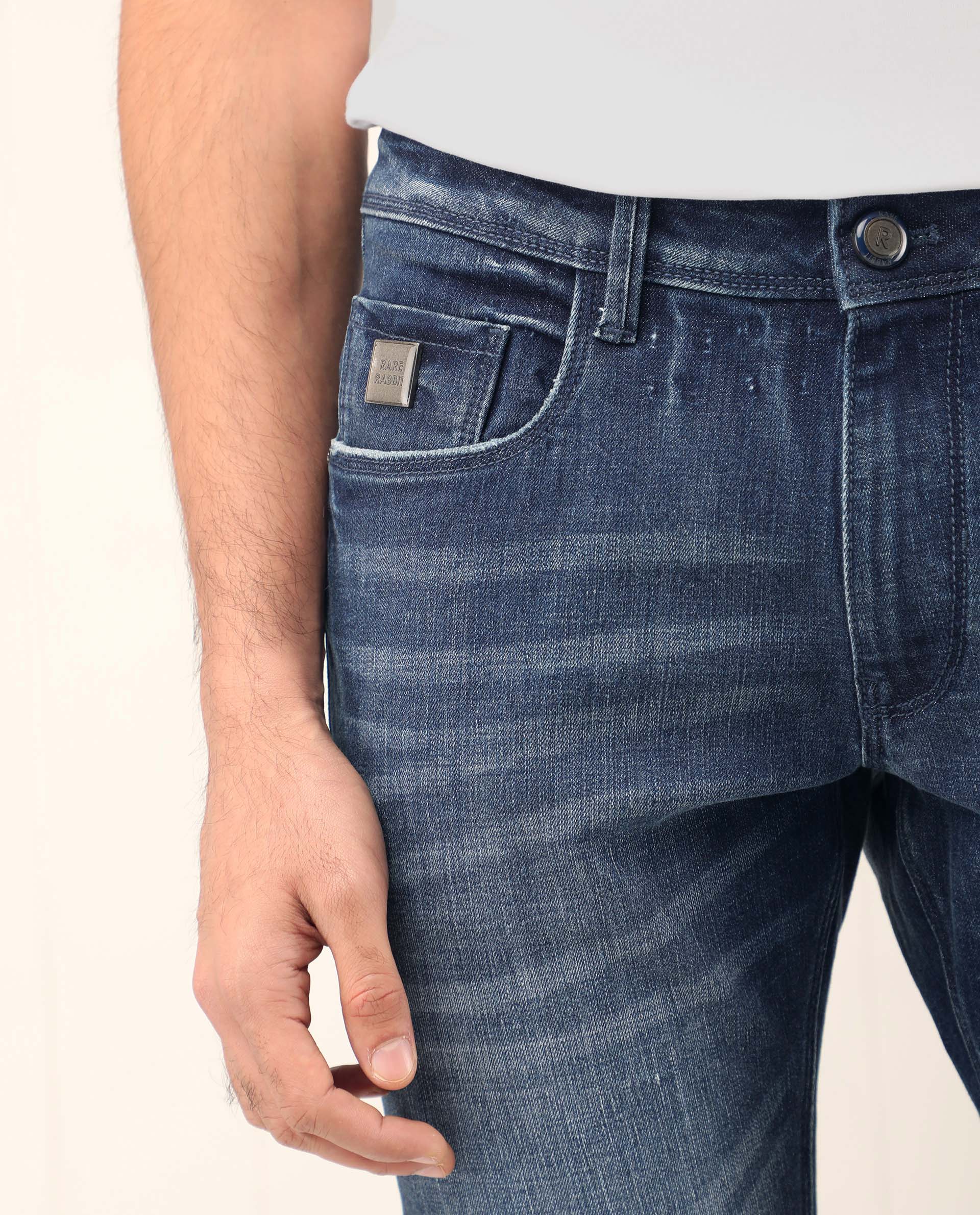 Rare Rabbit Men's Grimm Blue Mid Wash Mid-Rise Mild Distressed Slim Fit Jeans