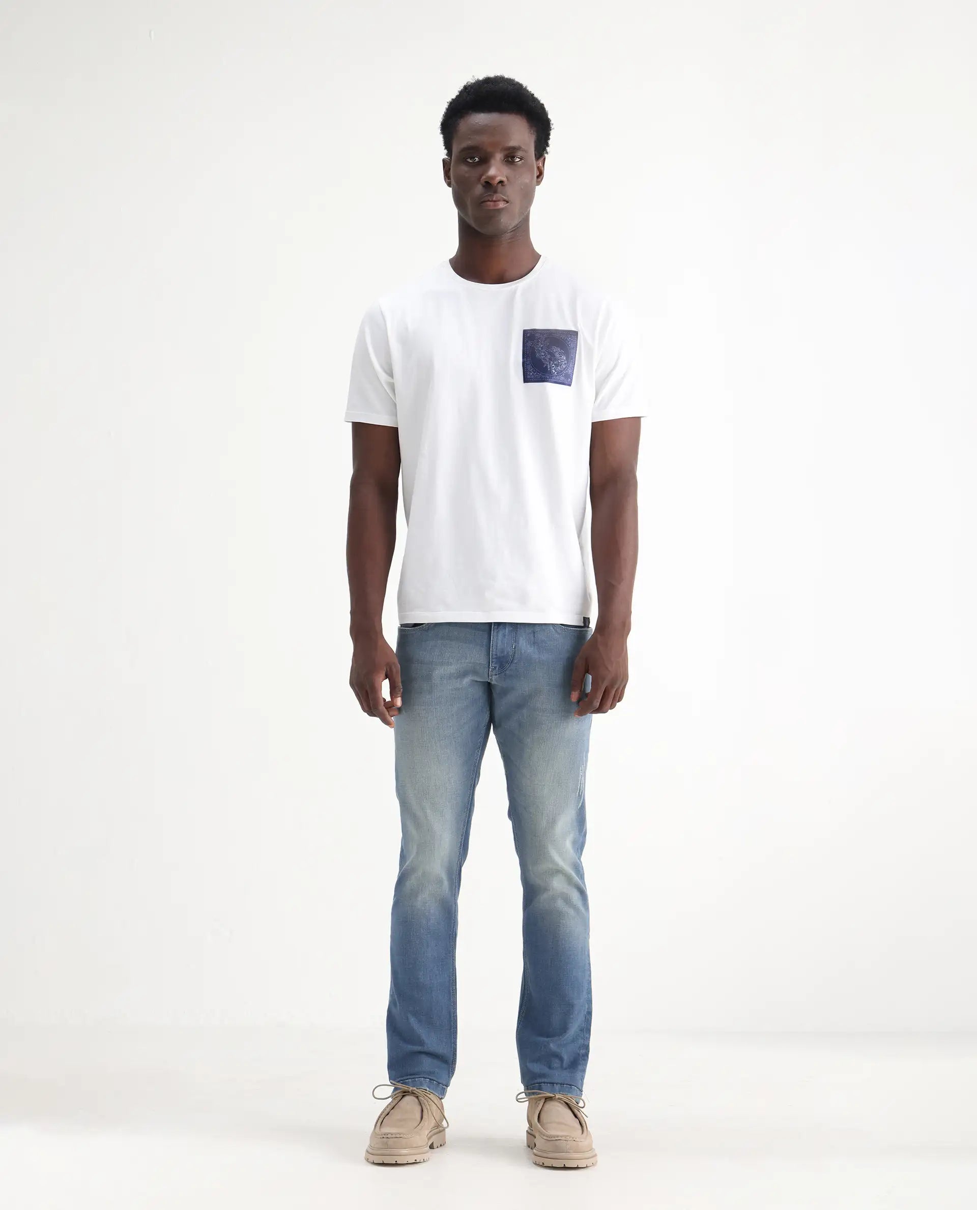 Rare Rabbit Men's Grimm Light Blue Cotton Plain Hawk Slim Fit Jeans