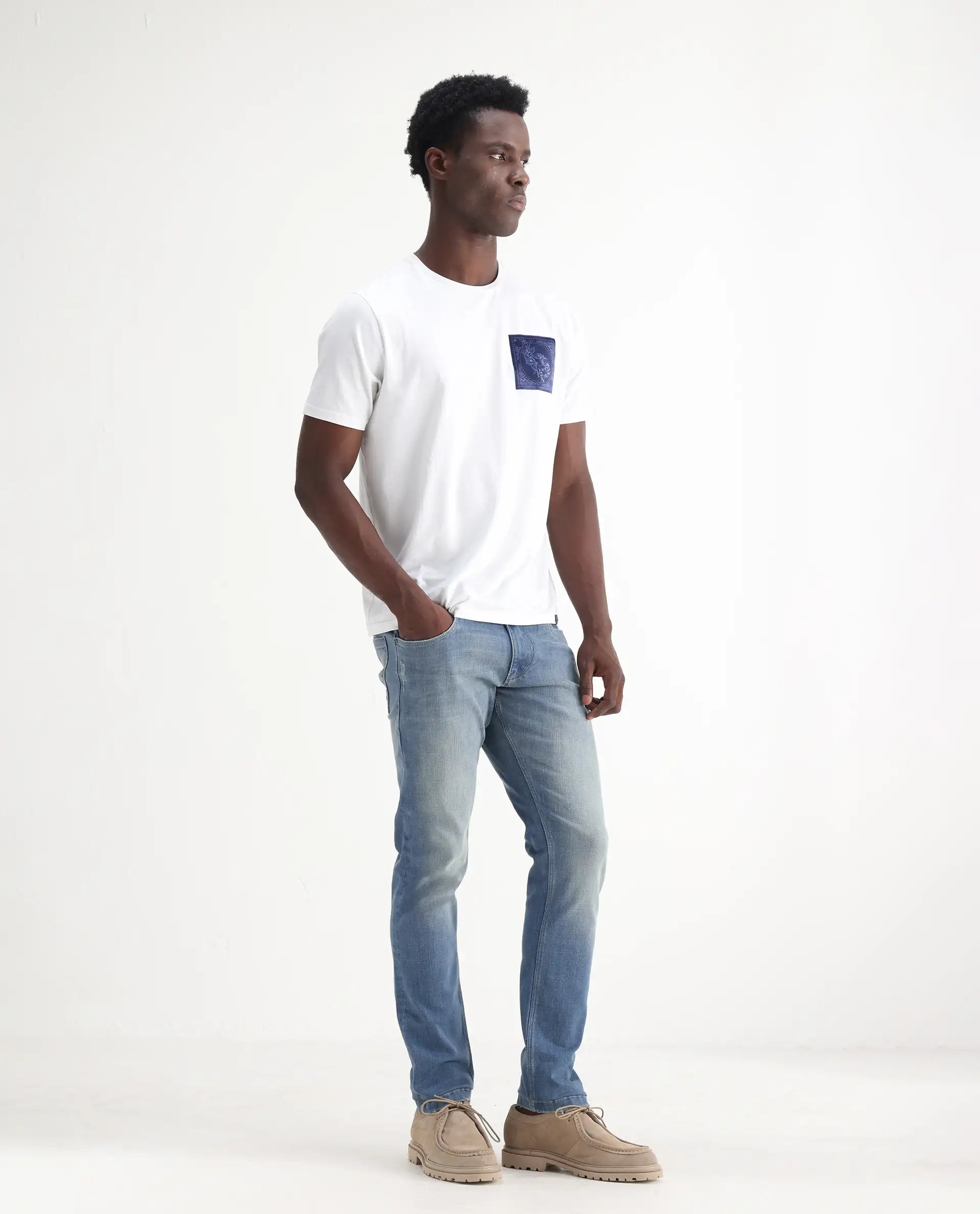 Rare Rabbit Men's Grimm Light Blue Cotton Plain Hawk Slim Fit Jeans