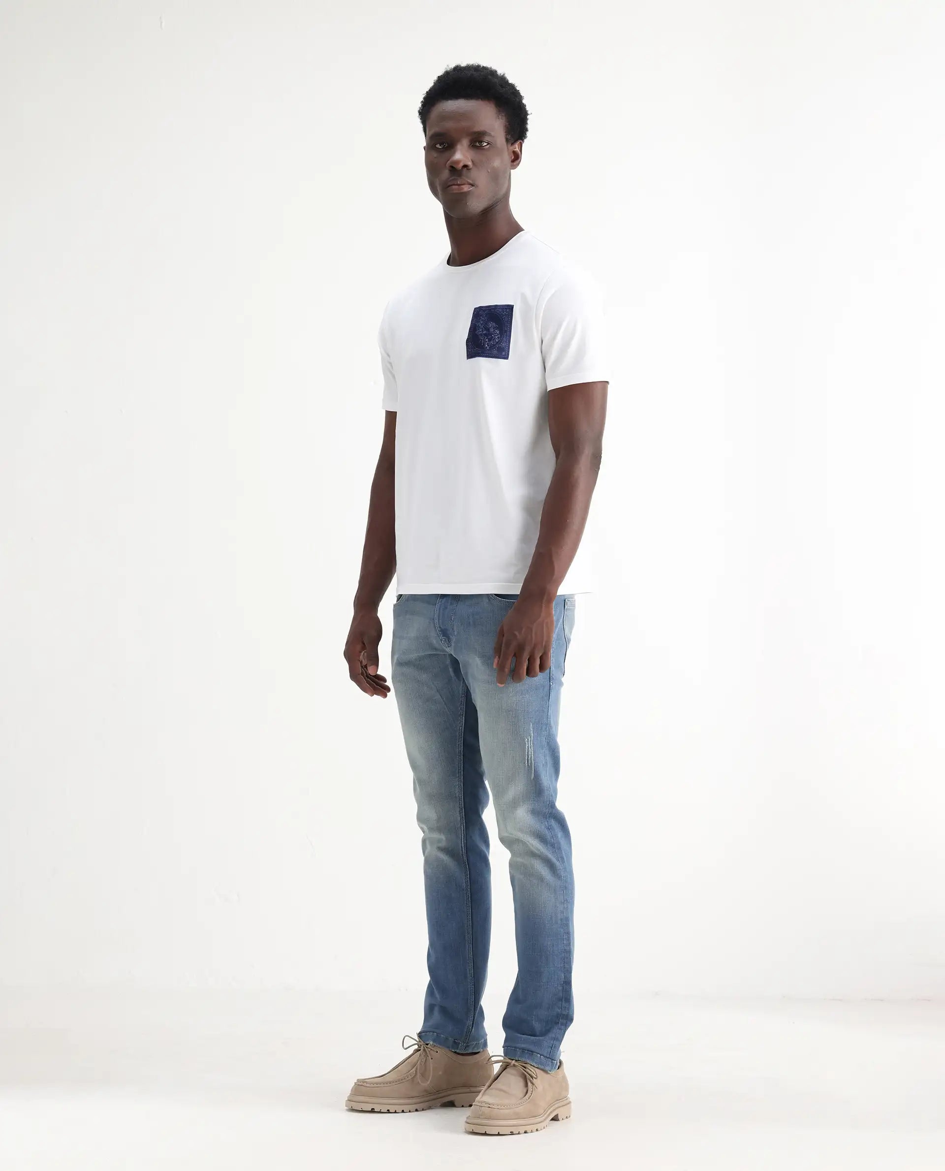 Rare Rabbit Men's Grimm Light Blue Cotton Plain Hawk Slim Fit Jeans