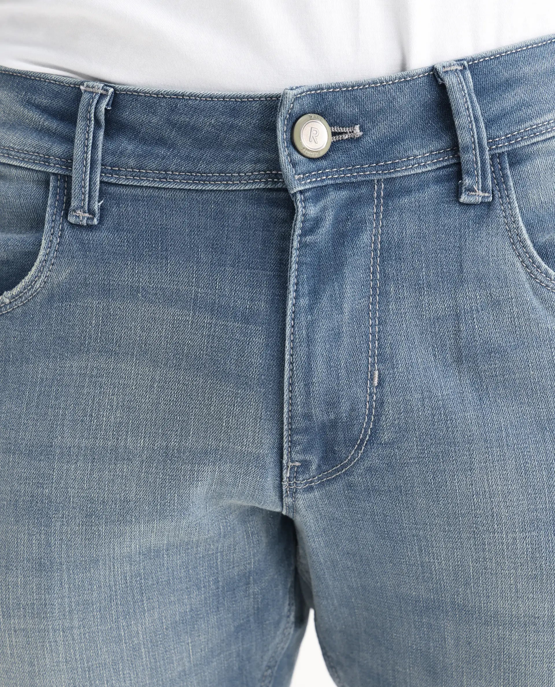 Rare Rabbit Men's Grimm Light Blue Cotton Plain Hawk Slim Fit Jeans