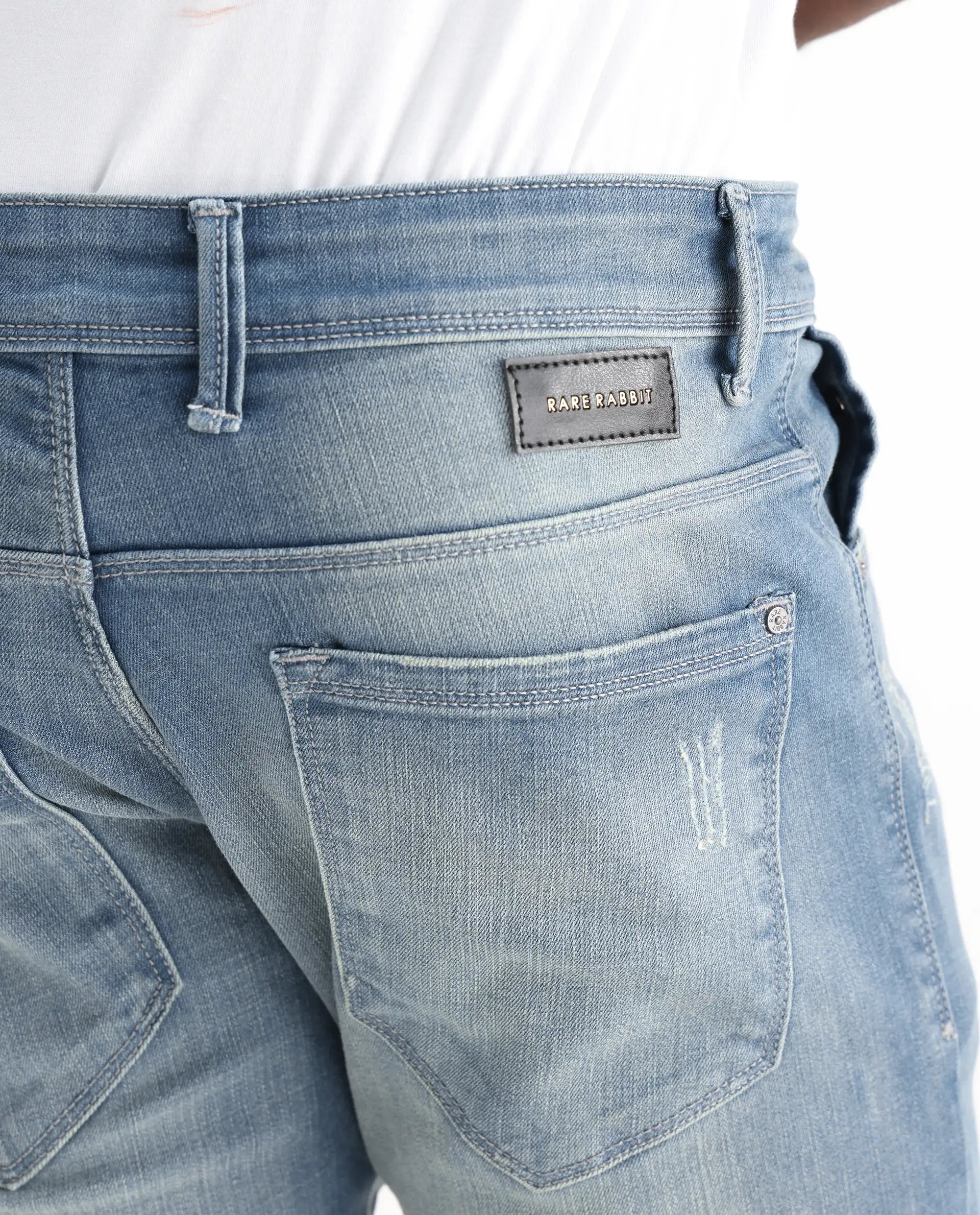 Rare Rabbit Men's Grimm Light Blue Cotton Plain Hawk Slim Fit Jeans