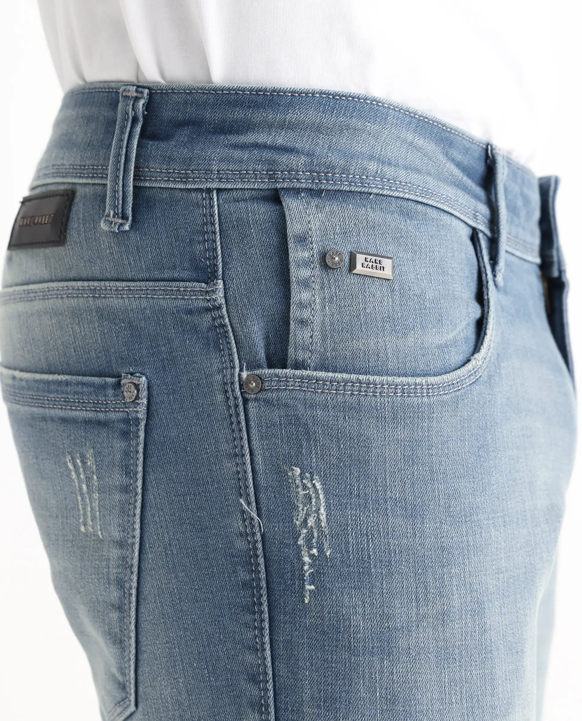 Rare Rabbit Men's Grimm Light Blue Cotton Plain Hawk Slim Fit Jeans