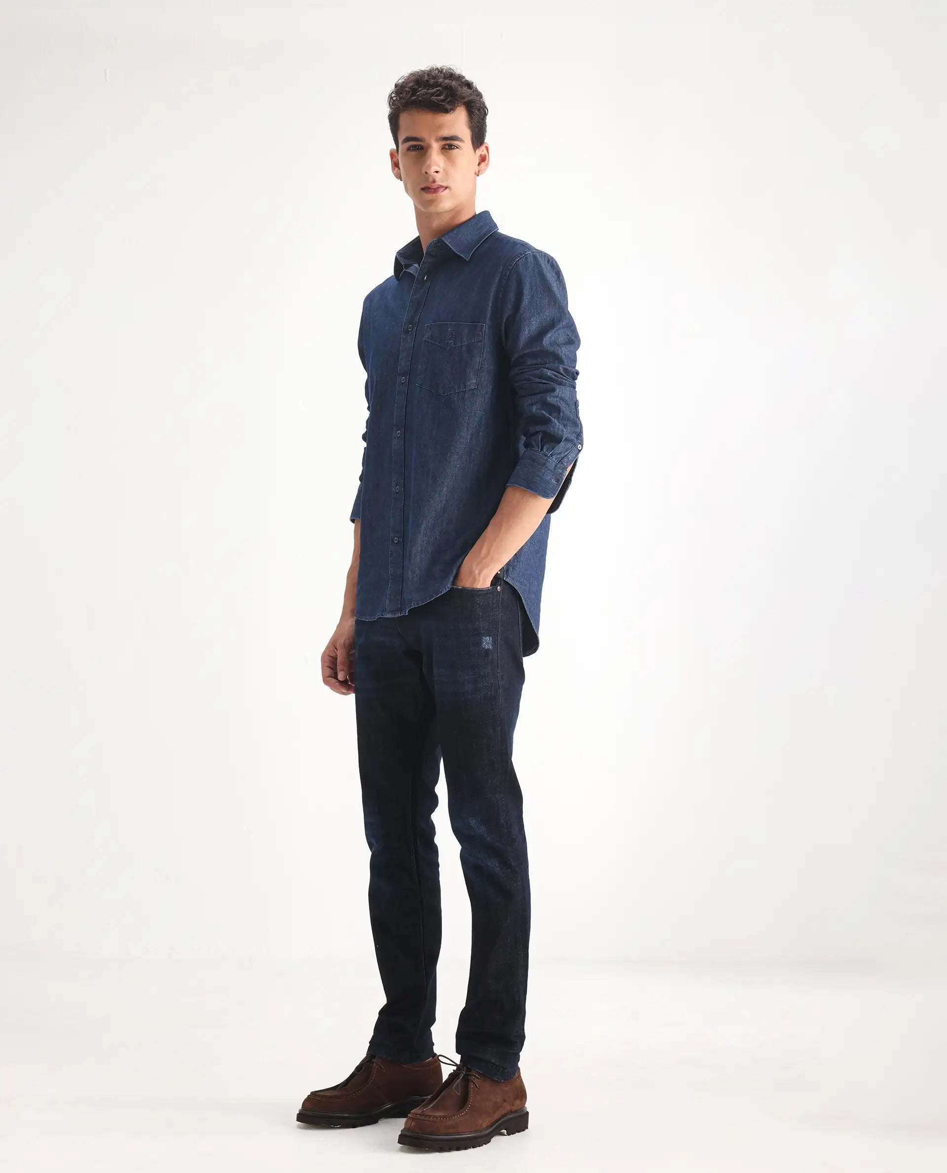 Rare Rabbit Men's Grimm Navy Cotton Plain Hawk Slim Fit Jeans