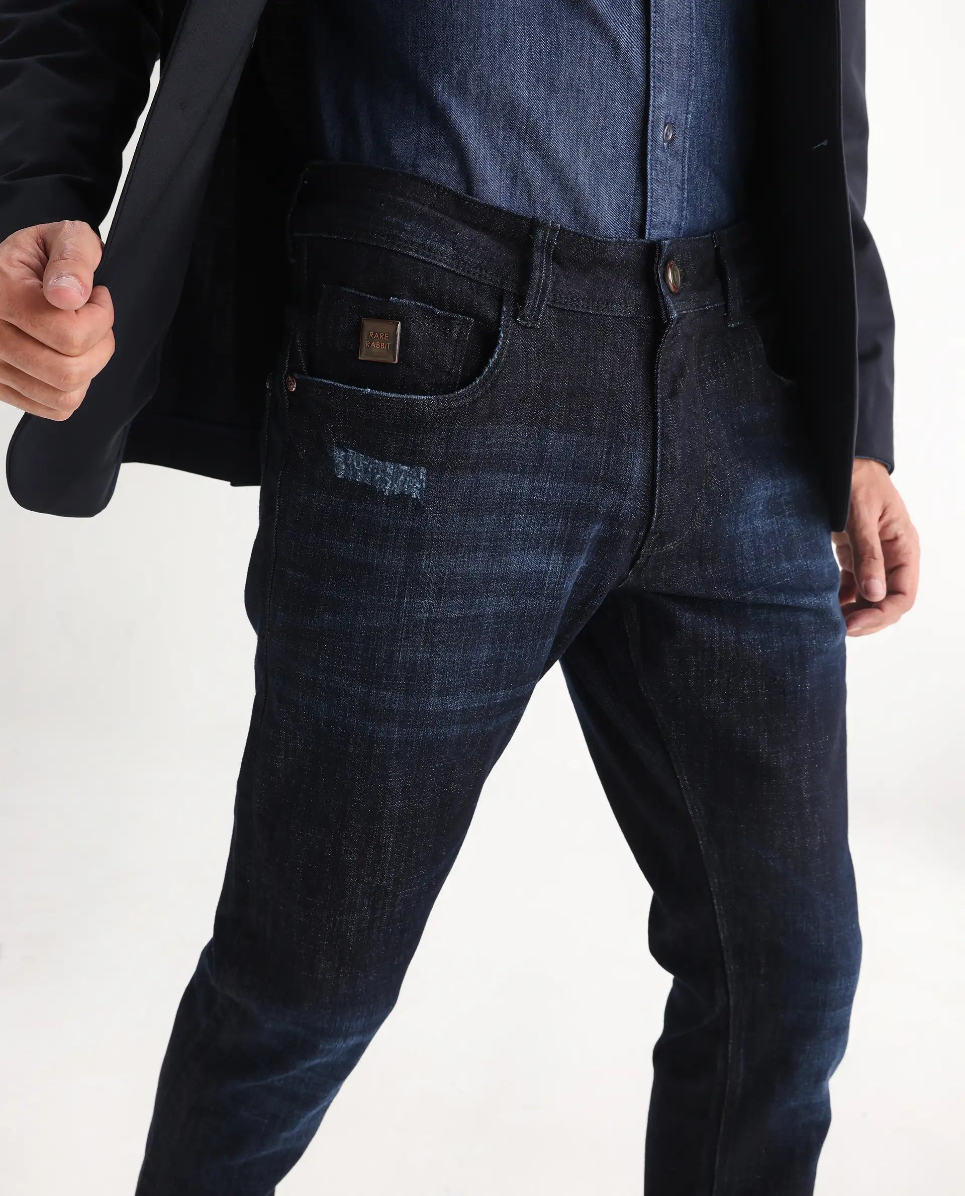 Rare Rabbit Men's Grimm Navy Cotton Plain Hawk Slim Fit Jeans