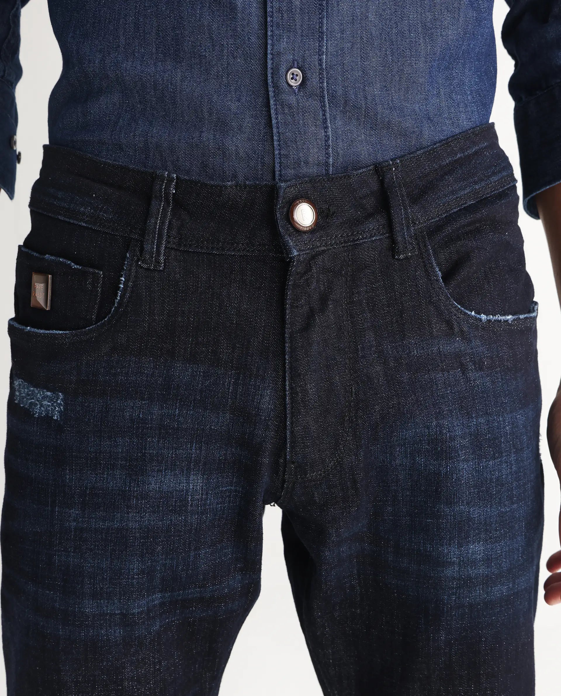 Rare Rabbit Men's Grimm Navy Cotton Plain Hawk Slim Fit Jeans