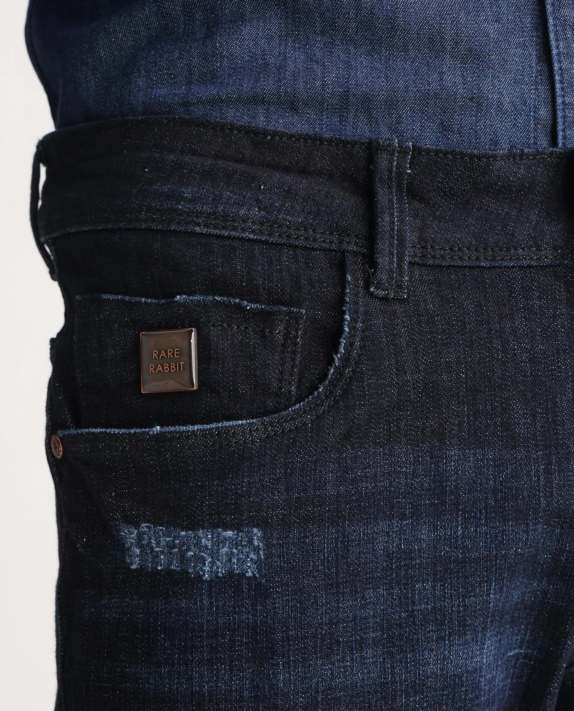 Rare Rabbit Men's Grimm Navy Cotton Plain Hawk Slim Fit Jeans