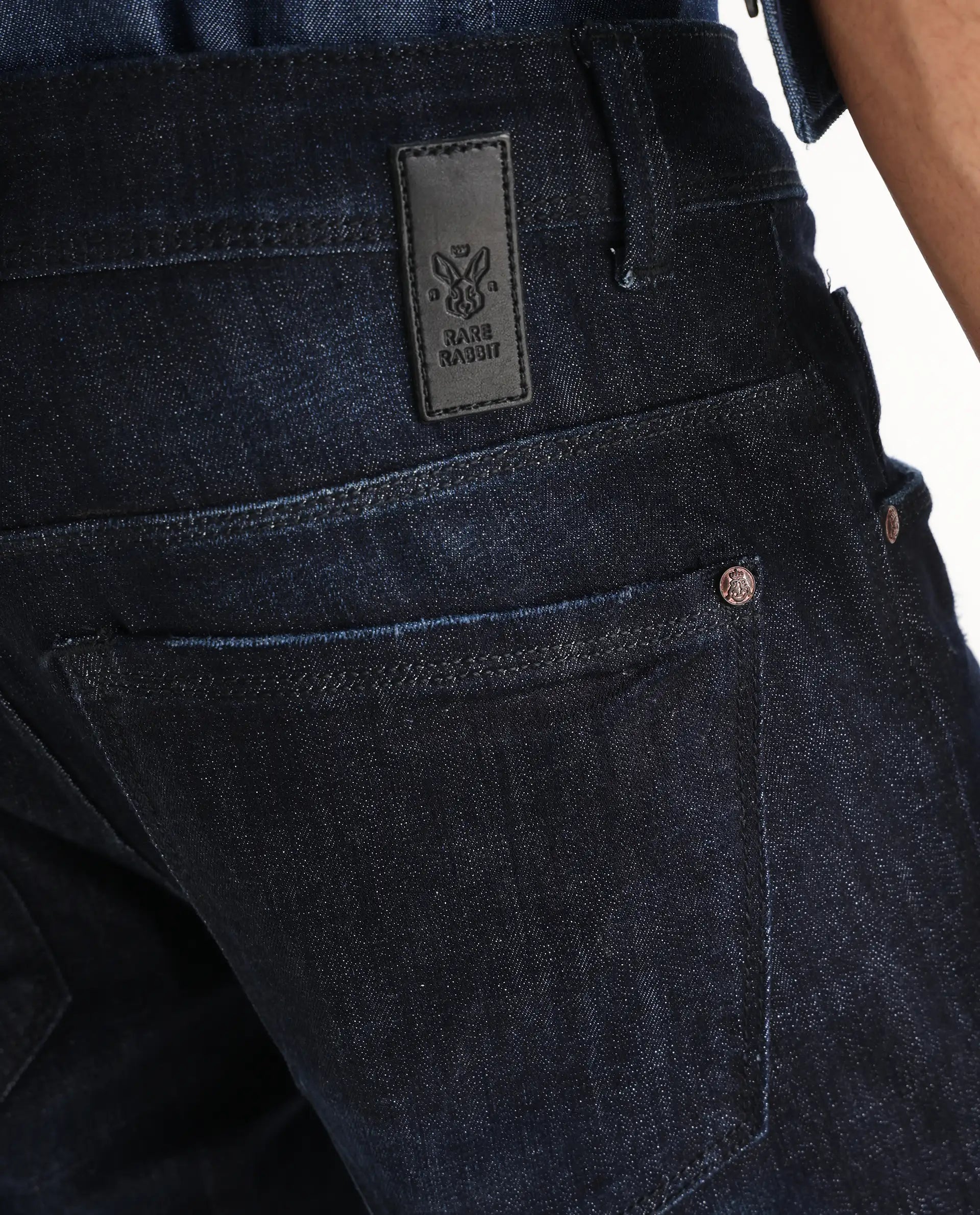 Rare Rabbit Men's Grimm Navy Cotton Plain Hawk Slim Fit Jeans