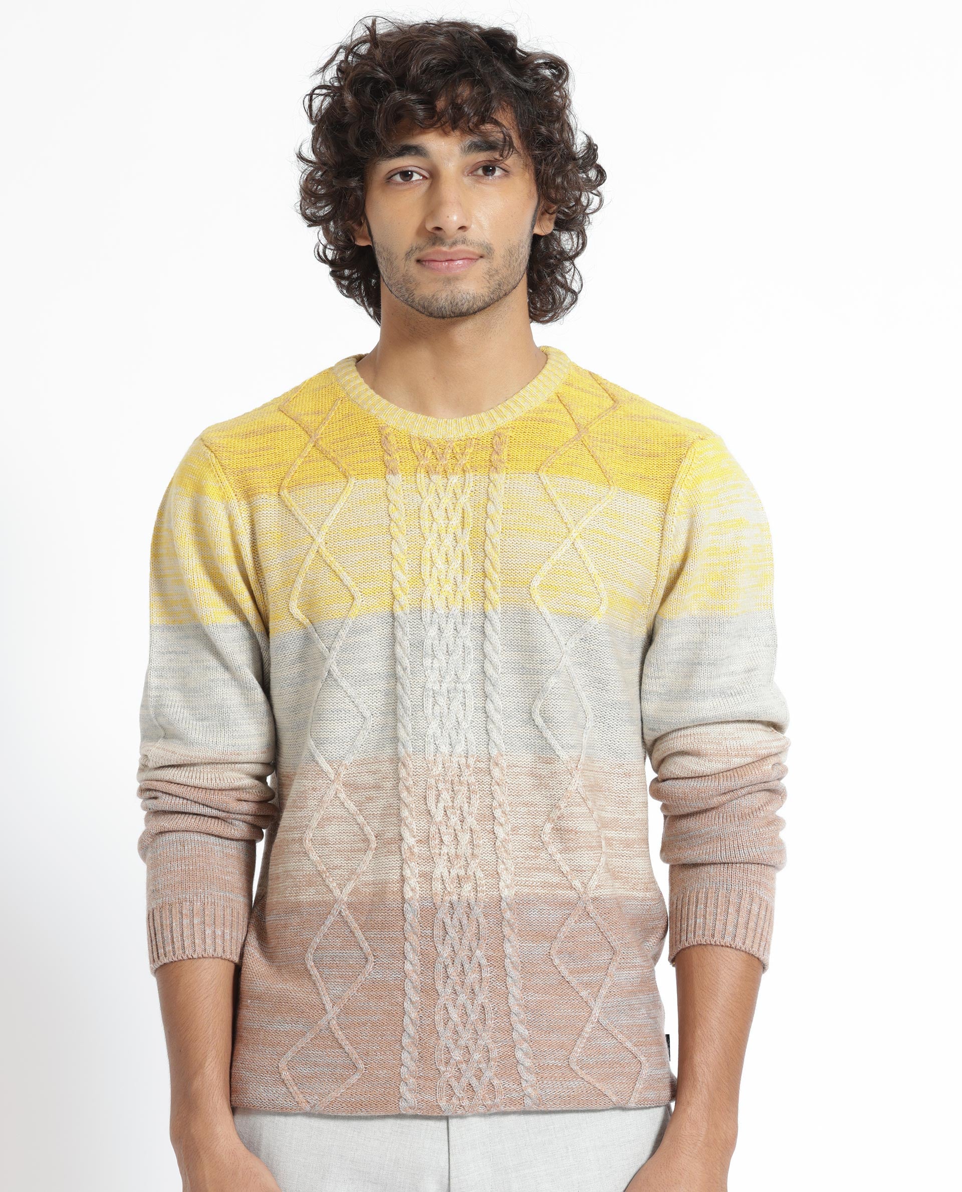 Rare Rabbit Mens Grindle Mustard Acrylic Fabric Crew Neck Full Sleeve Multicolored Textured Knitted Sweater