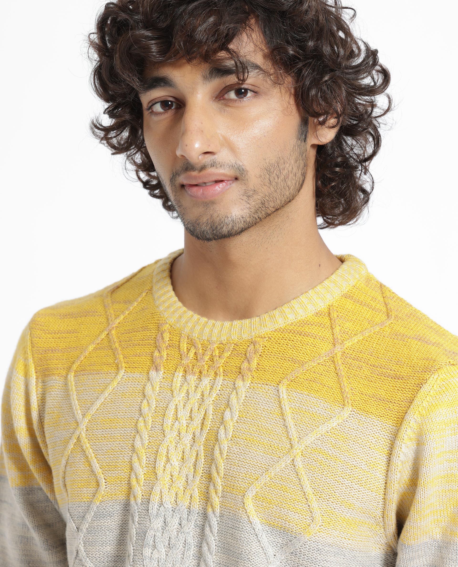 Rare Rabbit Mens Grindle Mustard Acrylic Fabric Crew Neck Full Sleeve Multicolored Textured Knitted Sweater