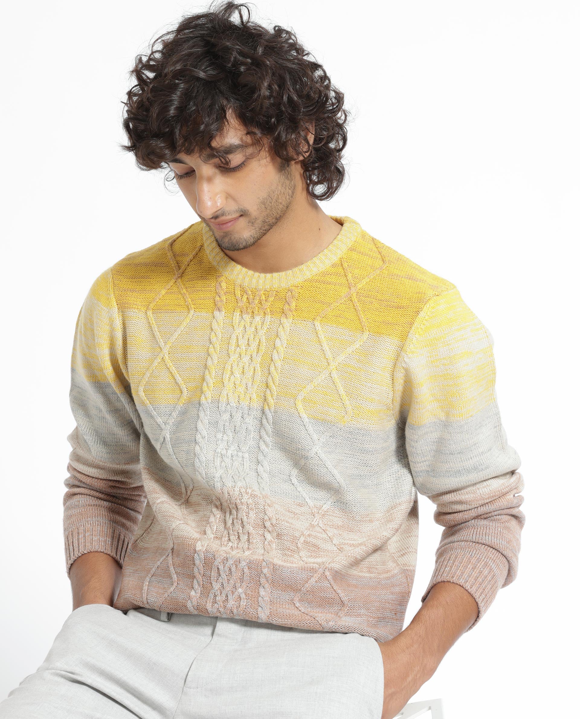 Rare Rabbit Mens Grindle Mustard Acrylic Fabric Crew Neck Full Sleeve Multicolored Textured Knitted Sweater