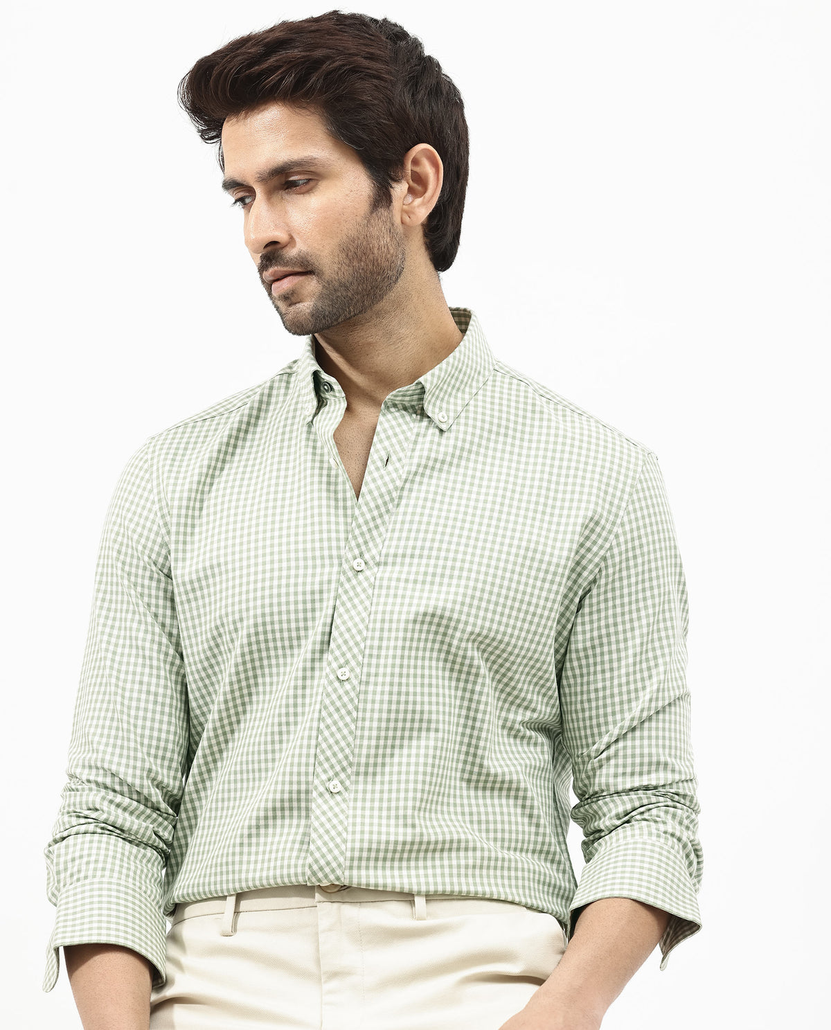 Rare Rabbit Mens Grino Dusky Green Cotton Fabric Full Sleeve Regular Fit Gingham Checks Shirt