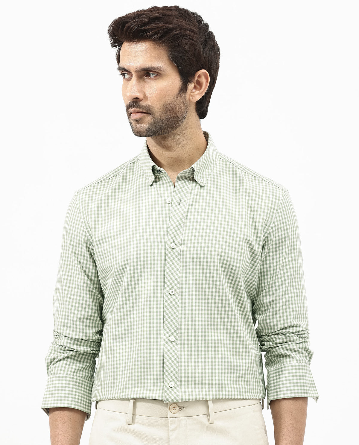 Rare Rabbit Mens Grino Dusky Green Cotton Fabric Full Sleeve Regular Fit Gingham Checks Shirt