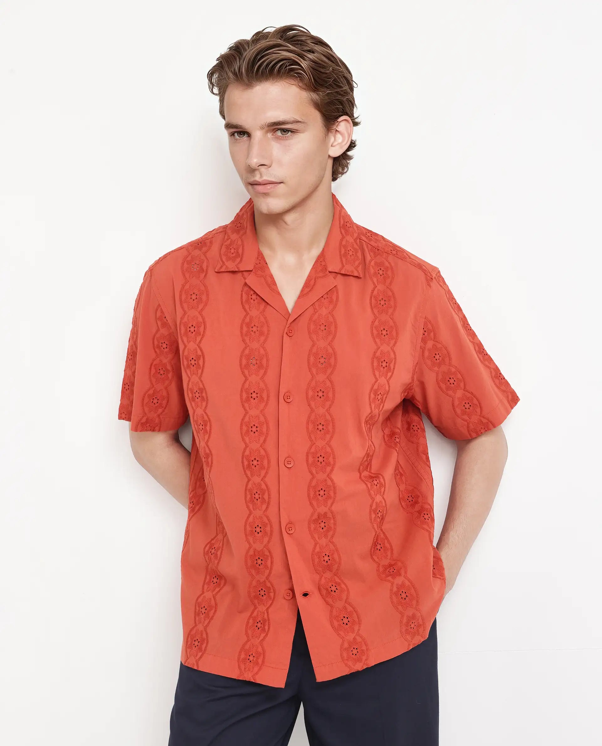 Rare Rabbit Men's Grin Orange Cotton Fabric Half Sleeve Spread Collar Button Closure Regular Fit Embroidered Shirt