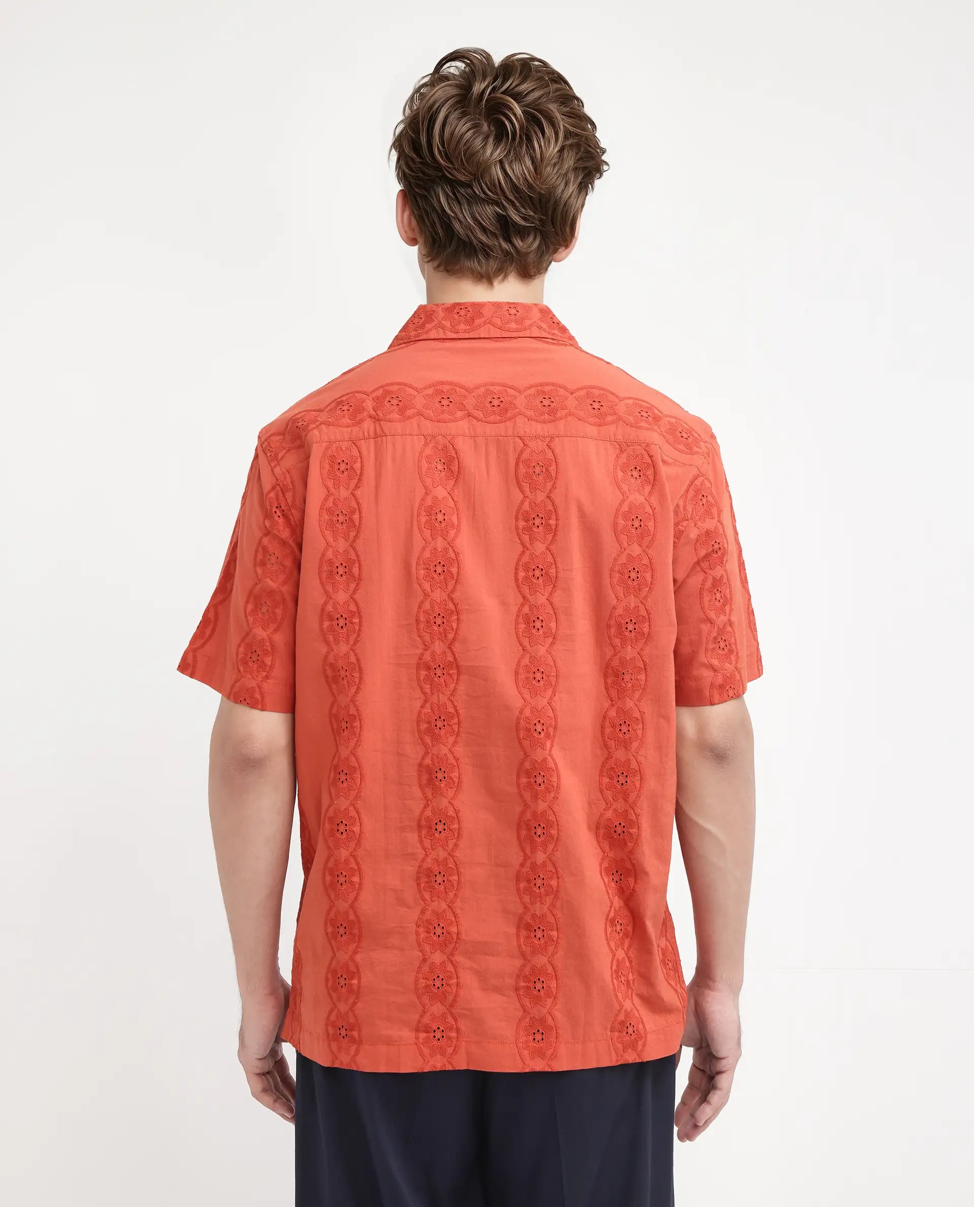 Rare Rabbit Men's Grin Orange Cotton Fabric Half Sleeve Spread Collar Button Closure Regular Fit Embroidered Shirt