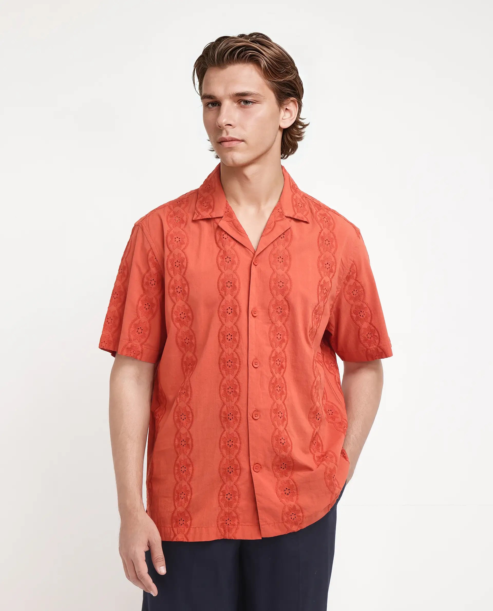 Rare Rabbit Men's Grin Orange Cotton Fabric Half Sleeve Spread Collar Button Closure Regular Fit Embroidered Shirt