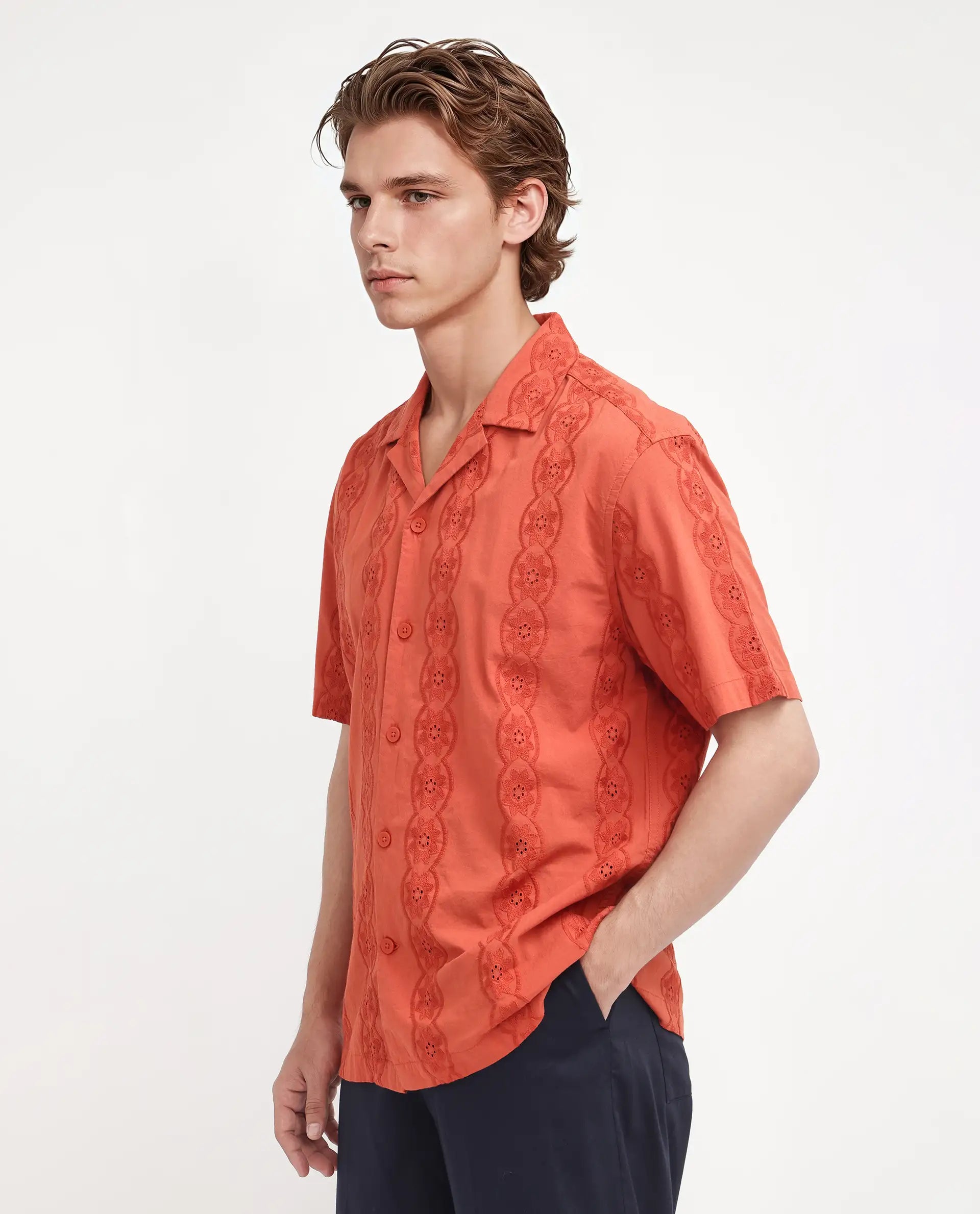 Rare Rabbit Men's Grin Orange Cotton Fabric Half Sleeve Spread Collar Button Closure Regular Fit Embroidered Shirt